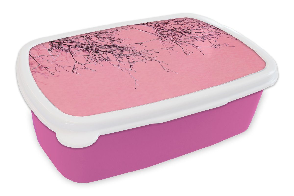 MuchoWow Lunchbox Blumen - Zweige - Sommer, Kunststoff, (2-tlg), Brotbox für Erwachsene, Brotdose Kinder, Snackbox, Mädchen, Kunststoff rosa