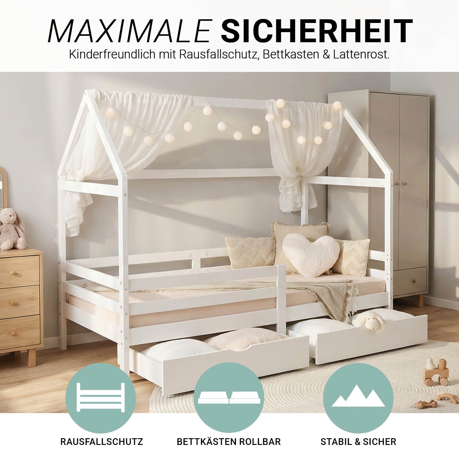 Homestyle4u Hausbett 90x200 Kinderbett Weiß Holz Kleinkind halbhoch Montessori 3 Jahre (Set, Bettgestell mit Lattenrost und Rausfallschutz), mit Stauraum (2x Bettkasten/Schublade). € 289,95