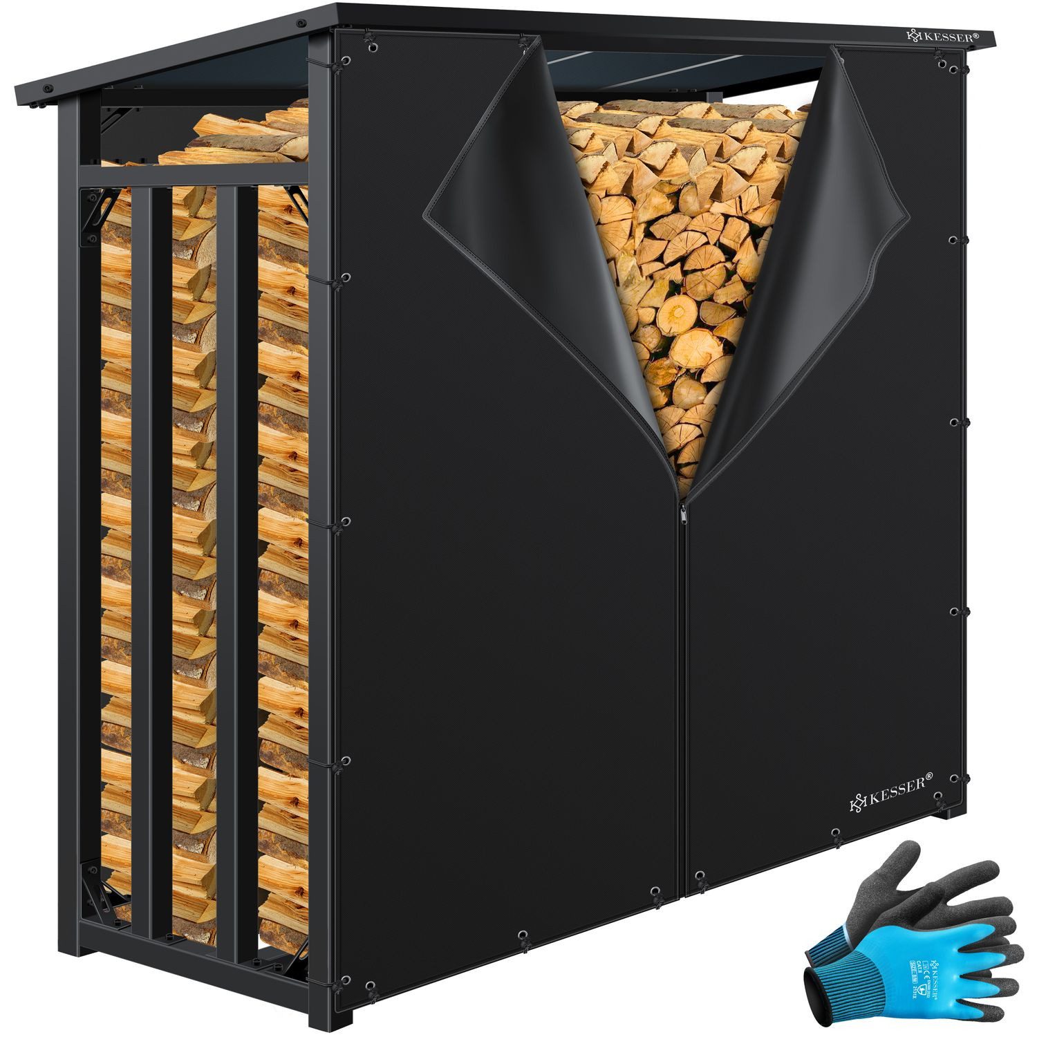 KESSER Kaminholzregal Metall Brennholzregal mit Dach & außen verzinktes Stahlrahmen, BxTxH:183x70x188 cm, (Kaminholzlager Inklusive Wetter-Abdeckung & Arbeitshandschuhe), 3,3SRM, 2,3m³ Holzlager Wasserdichter Holz-Regal für Garten & Terrasse