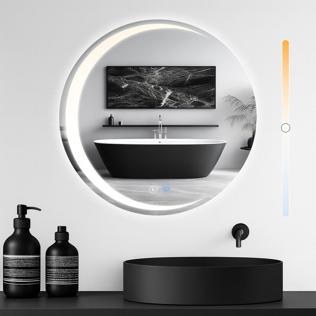 ZMH Badspiegel rund mit Beleuchtung, Badezimmerspiegel 3 Lichtfarben dimmbar, Touch-Schalter, Anti-Beschlag, Ø 50-80 cm,18W