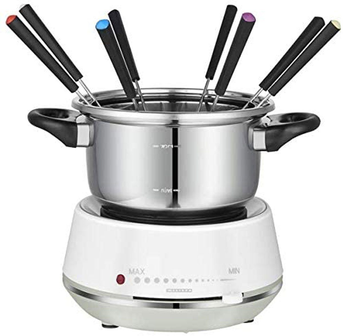 MELISSA Raclette und Fondue-Set 16310230 Elektro-Fondue mit praktischem Drehring mit 6 Saucenbechern, 1200 W