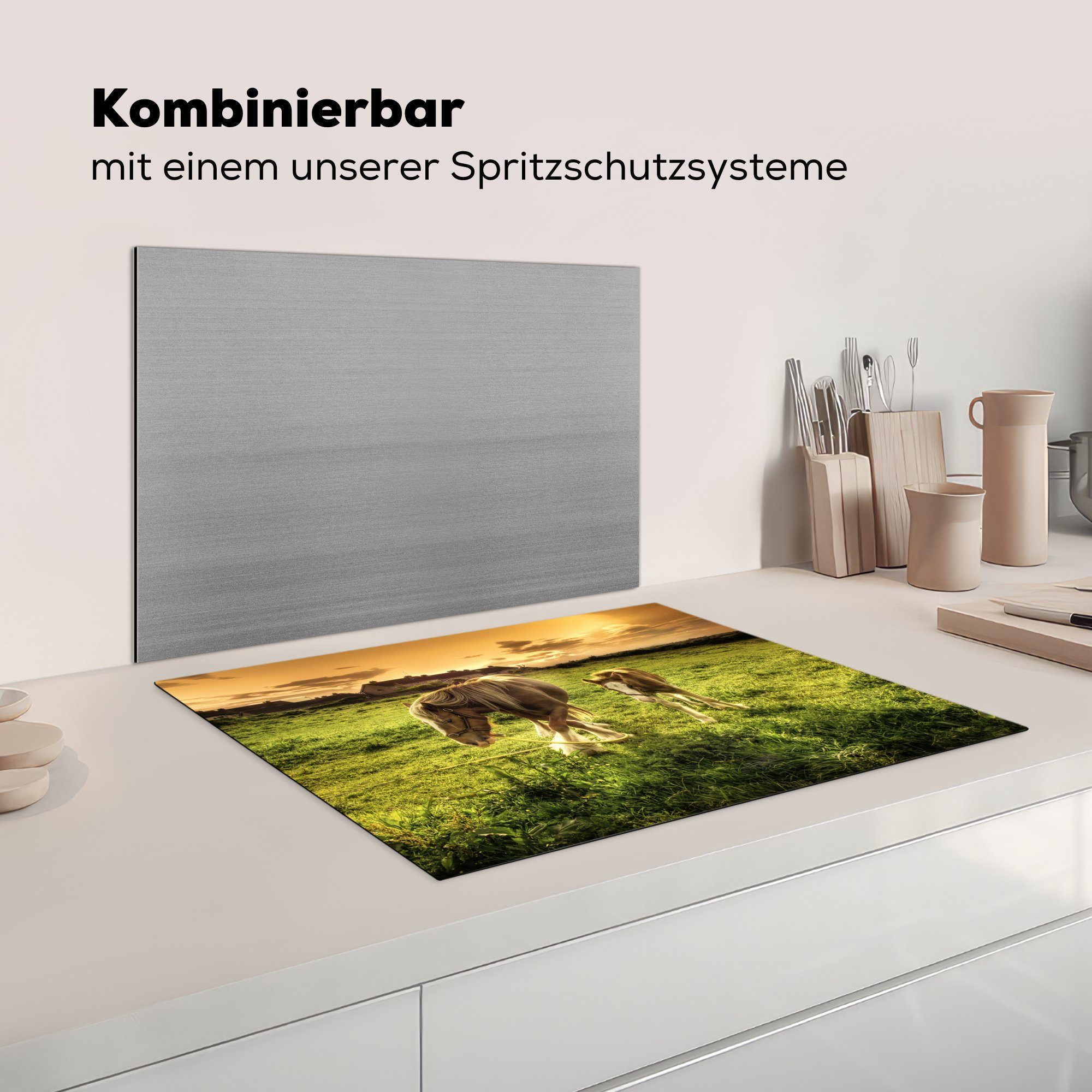 Fohlen Ein und cm, Vinyl, Ceranfeldabdeckung 70x52 Mobile Herdblende-/Abdeckplatte Arbeitsfläche tlg), MuchoWow (1 Sonnenuntergang, seine bei Mutter nutzbar,