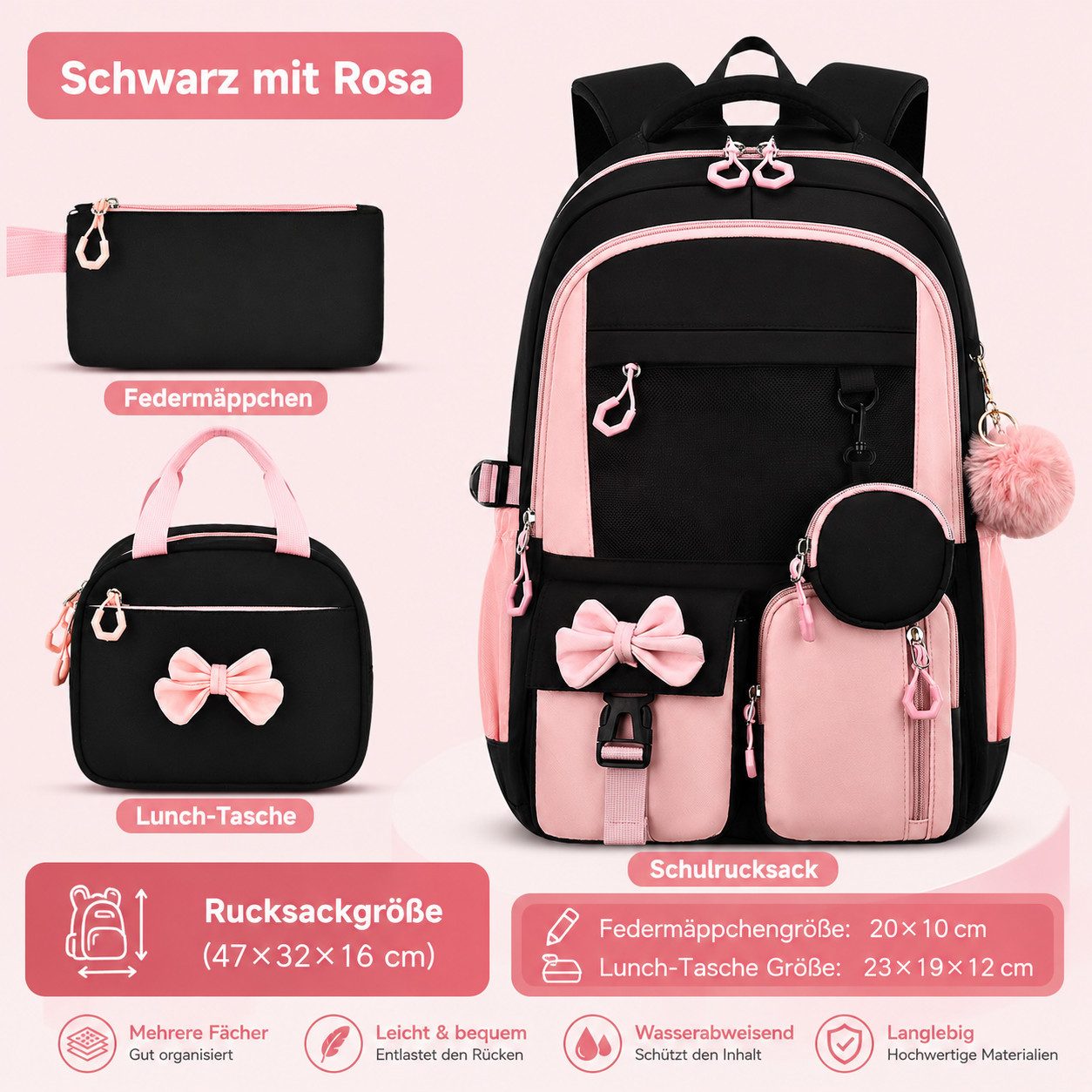 MOPUEA Schulrucksack Schulrucksack-Set Schultasche Teenager Turnbeutel (3-tlg., mit isolierter Lunchtasche, abnehmbarem Münzbeutel & Federmappe), Süße Schultasc – Bild 5 von 5