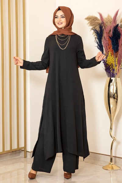 Modavitrini Longtunika Damen Anzug Schwarz Zweiteiler Longtunika mit Hose Hijab Kleidung (Zweiteilig, Tunika mit Hose) Basic