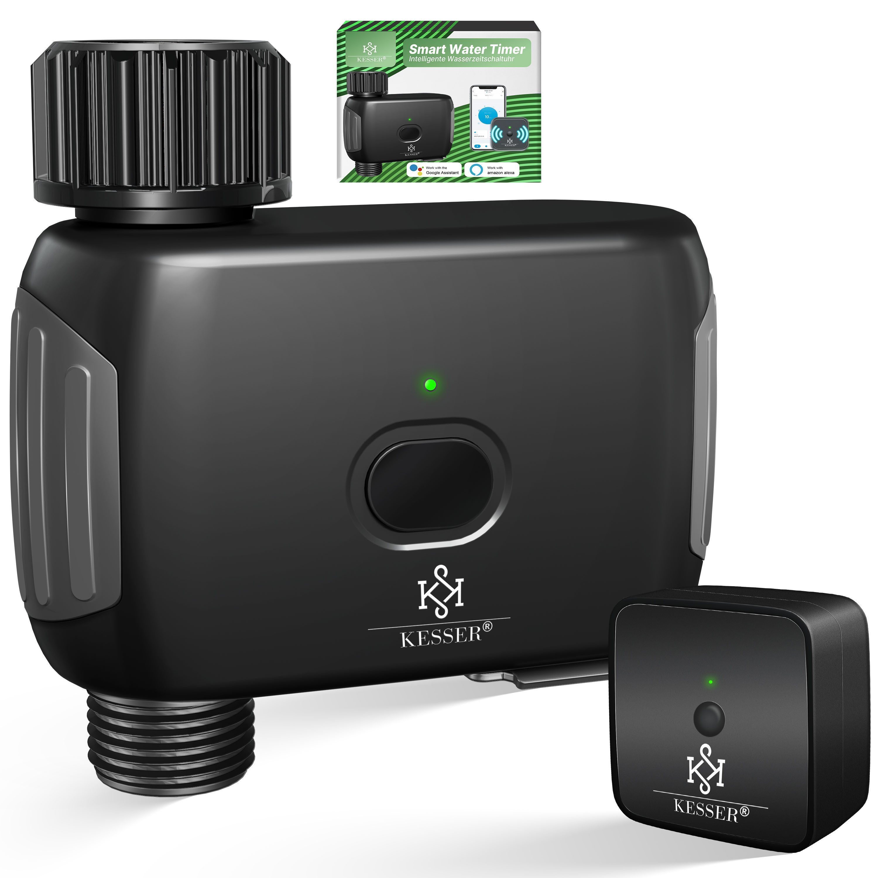 KESSER Bewässerungssystem Bewässerungssteuerung mit Schaltuhr, WLAN, APP & Sprachsteuerung, (Bewässerungscomputer, Filter, 360° drehbarer Anschluss), Automatische Bewässerung mit Wettererkennung 20 Zeit-Pläne, IP55