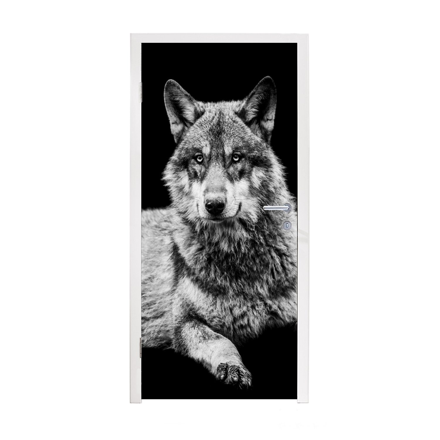 MuchoWow Türtapete Wildlife - Wolf - Schwarz - Weiß, Matt, bedruckt, (1 St), Fototapete für Tür, Türaufkleber, 75x205 cm