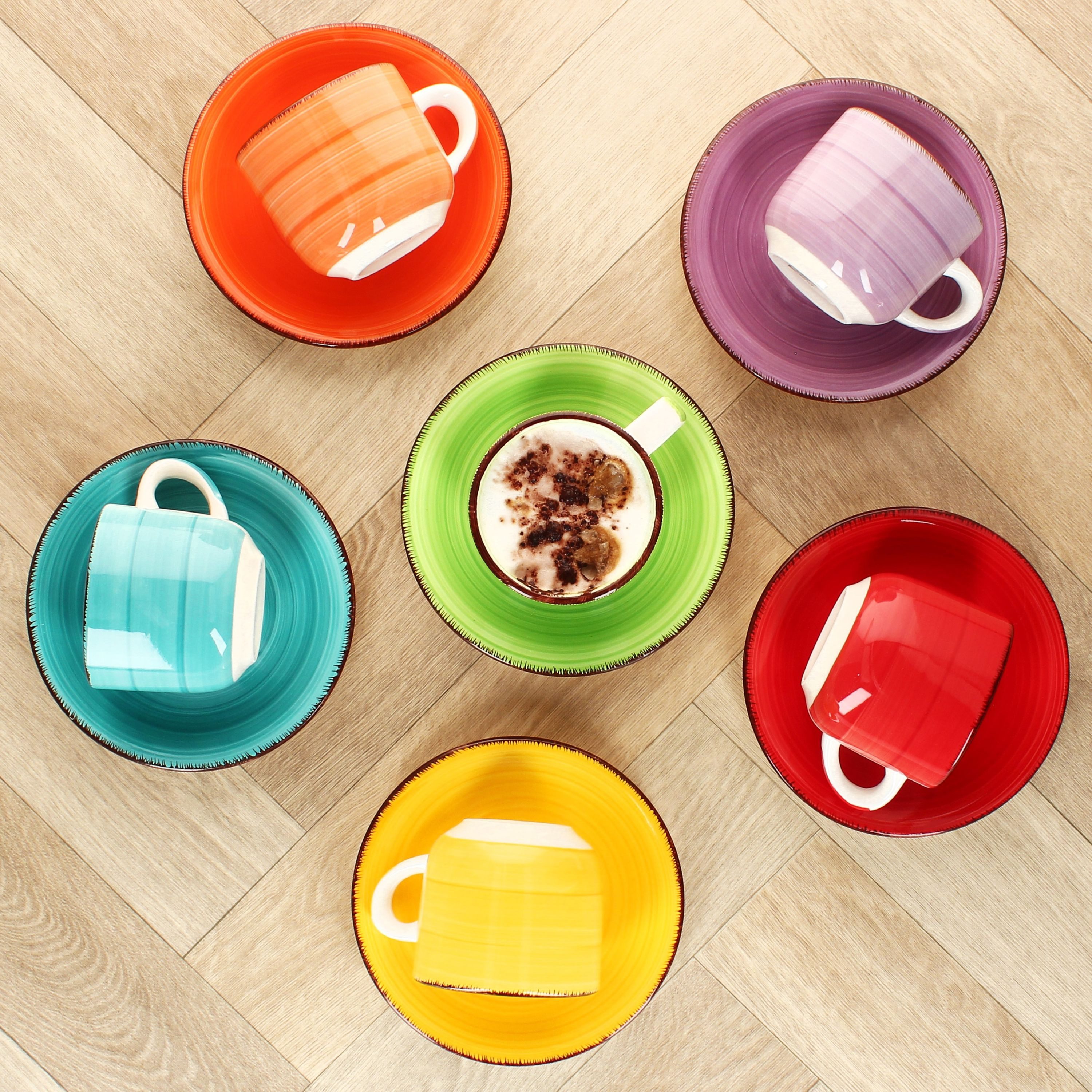 MamboCat Tasse 6er Set Uni bunt Cappuccinotassen mit Untertassen 200ml Kaffee Tee, Steingut