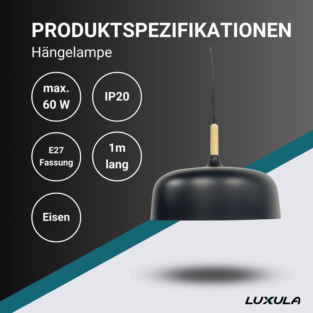 LUXULA Hängeleuchte Moderne LED-Hängeleuchte in schwarz, rund, Metall, E27, IP20, Ø30 cm, ohne Leuchtmittel