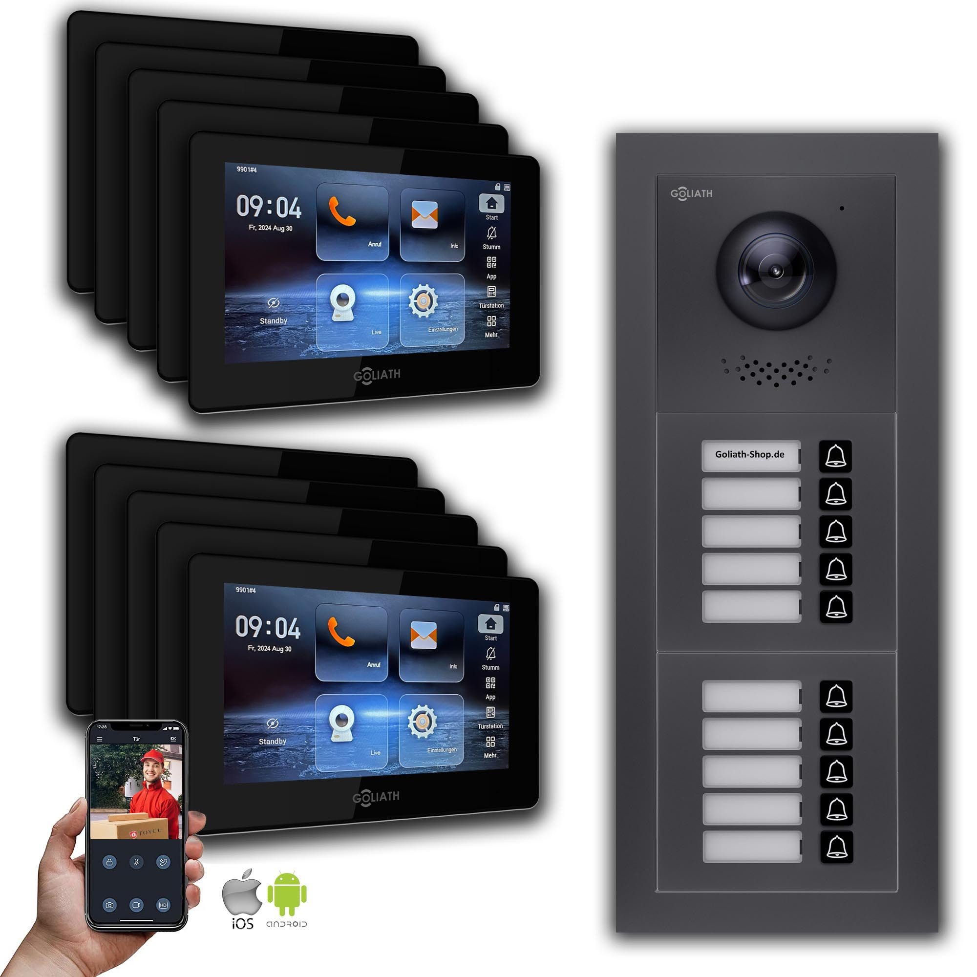 Video-Türsprechanlage Goliath IP Video Türsprechanlage: 7-Zoll, 10 Familienhaus, Smartphone-