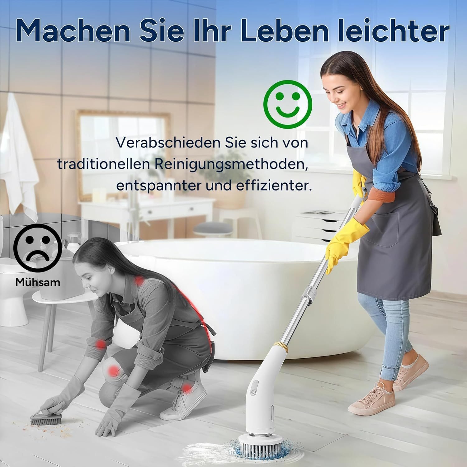 Vivitar Reinigungsbürste mit 11 Bürstenköpfen, Teleskopgriff, 2 Geschwindigkeiten kabellos, bad, kuche, Auto, Fliesen &mehr, (Multifunktionaler elektrischer Spin Scrubber, Abnehmbarer Verlängerungsgriff, rückenschonend, leistungsstark, leicht & vielseitig), TYPE-C Schnellladung, für Bad, Küche, Auto, Fliesen & mehr
