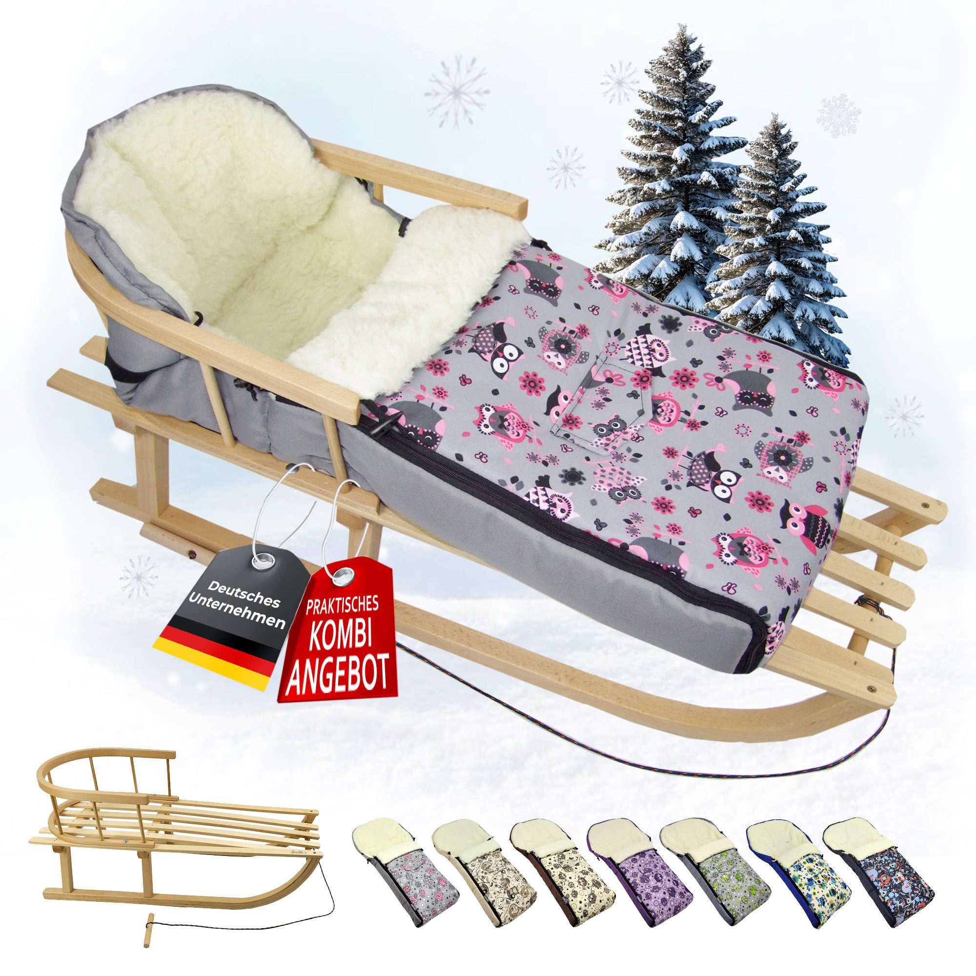 BambiniWelt by Rafael K. Санки CE-HOLZSCHLITTEN mit Rückenlehne Seil + WINTERFUßSACK Wolle 108cm EULE