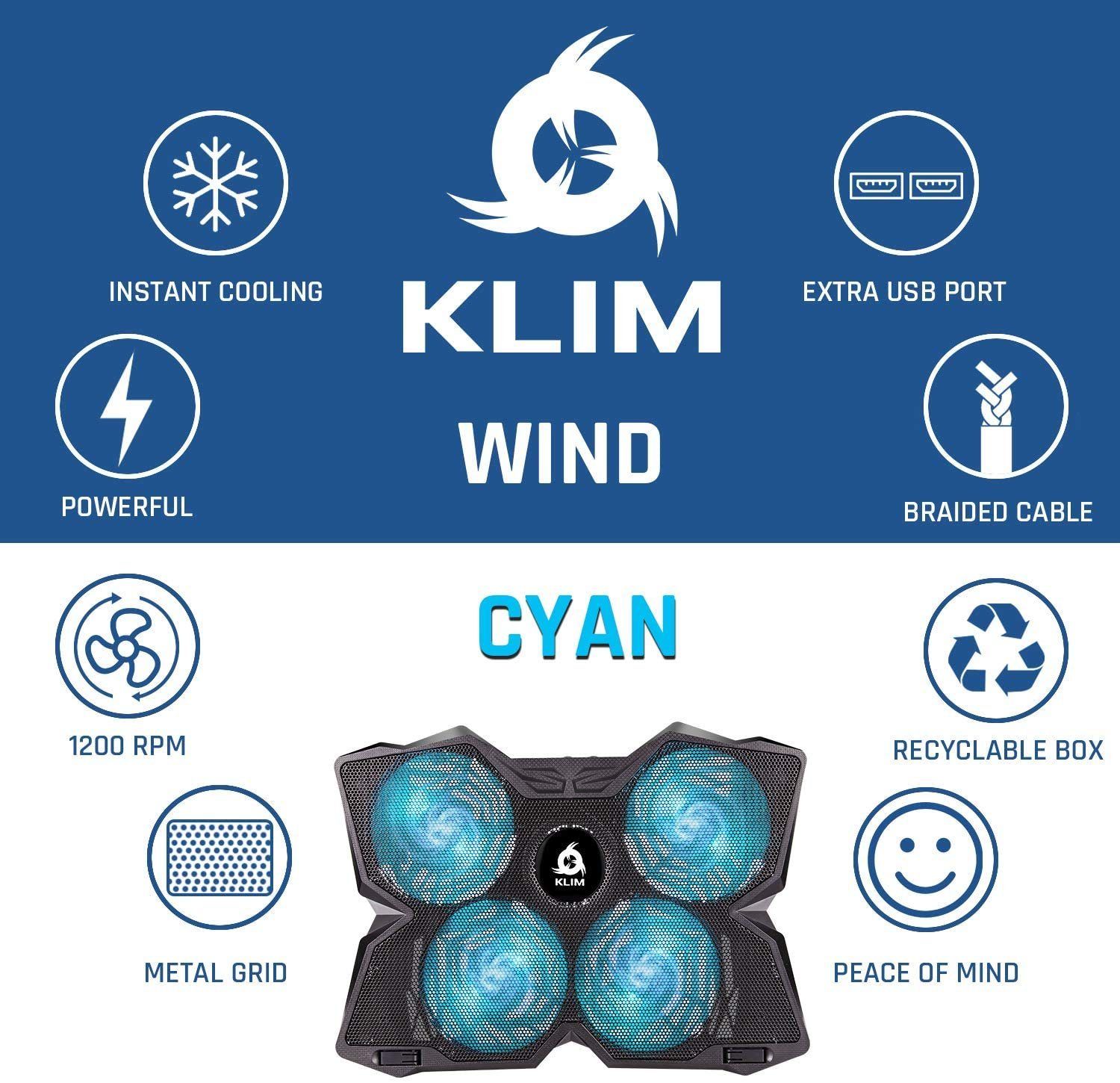 KLIM Notebook-Kühler Wind, Kühlventilator schnelle Laptop-Kühlpad der leistungsstärkste Cyan –