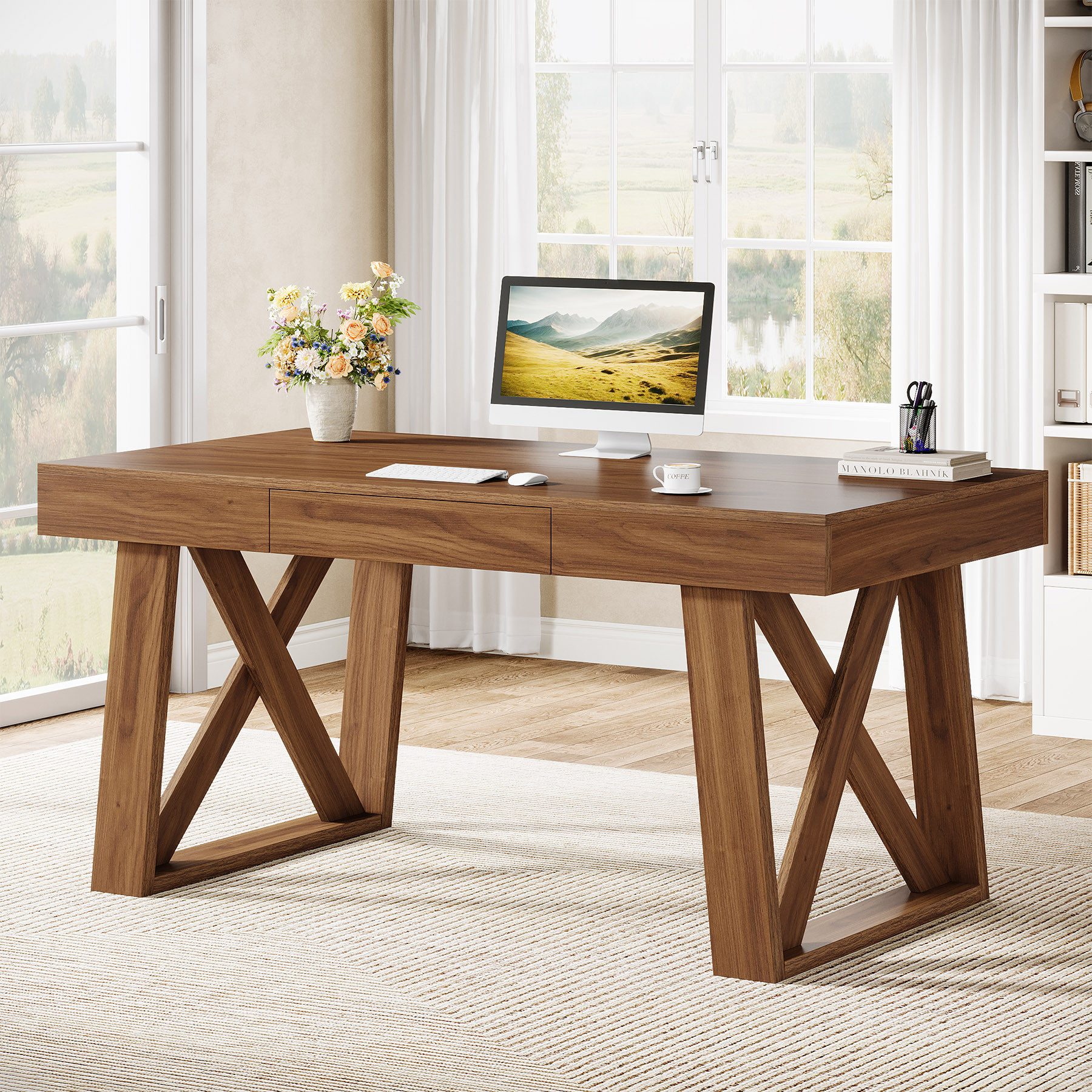 Tribesigns Schreibtisch 140 cm mit Schublade - Retro Brauner Computertisch günstig online kaufen