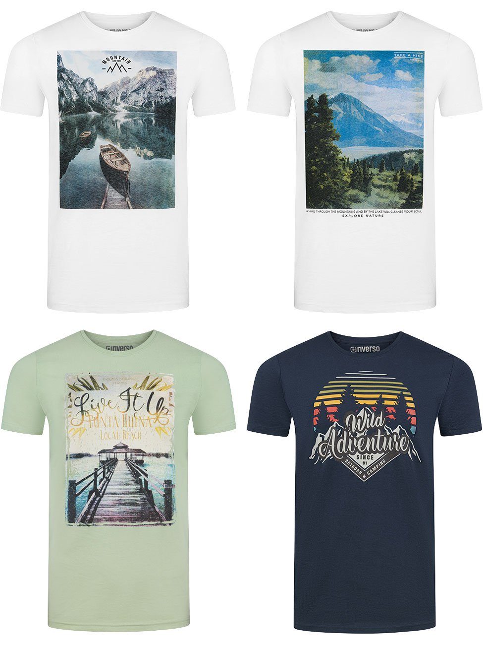 riverso T-Shirt Herren Printshirt RIVLukas 4er Pack Regular Fit (Vorteilspack, 4-tlg) Kurzarm Tee Shirt mit Rundhalsausschnitt aus 100% Baumwolle