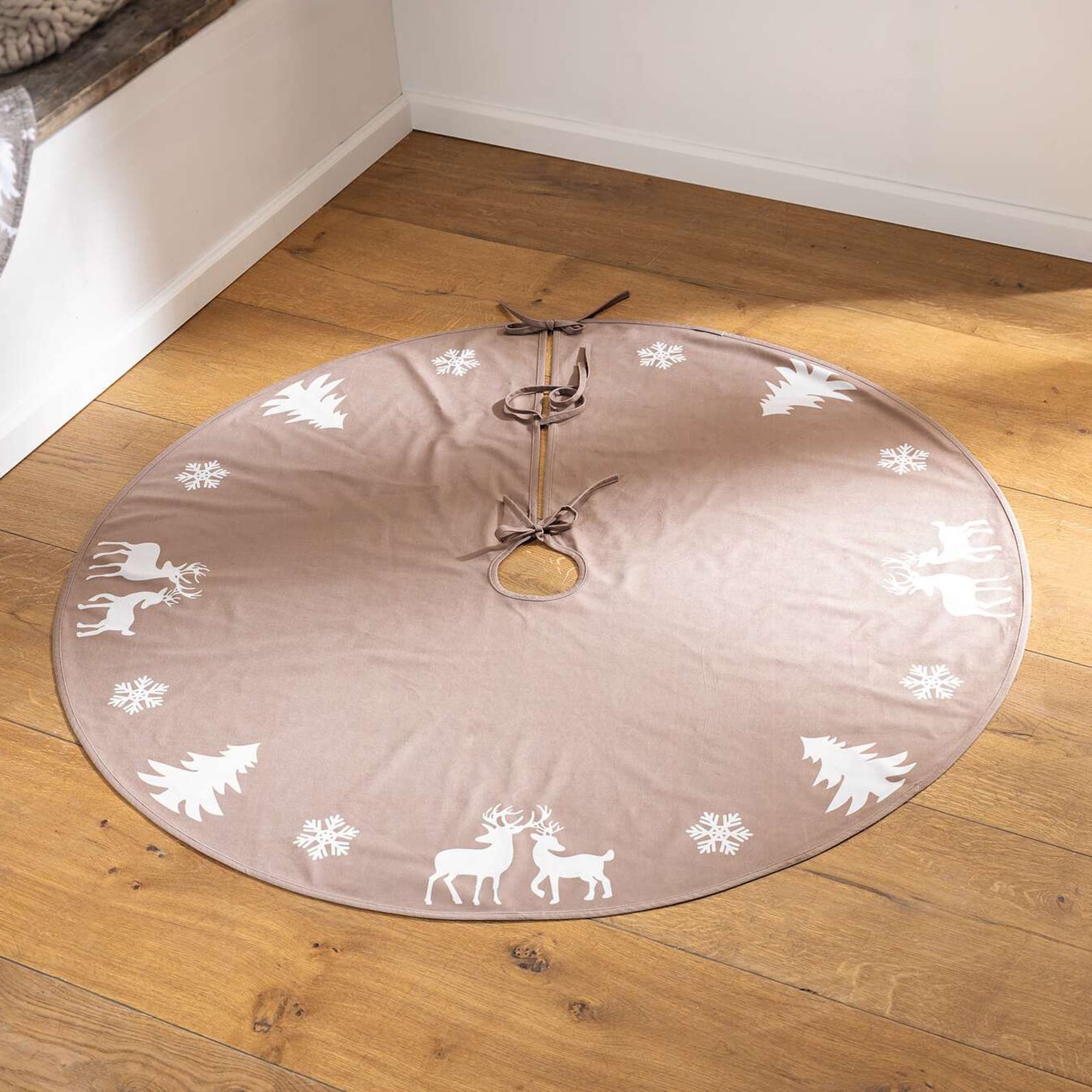 Dekoleidenschaft Weihnachtsbaumdecke "Winterwald" beige Ø 120 cm, Christbaumdecke rund, Weihnachtsbaum Rock, Baumdecke wasserabweisend, Tannebaum Decke