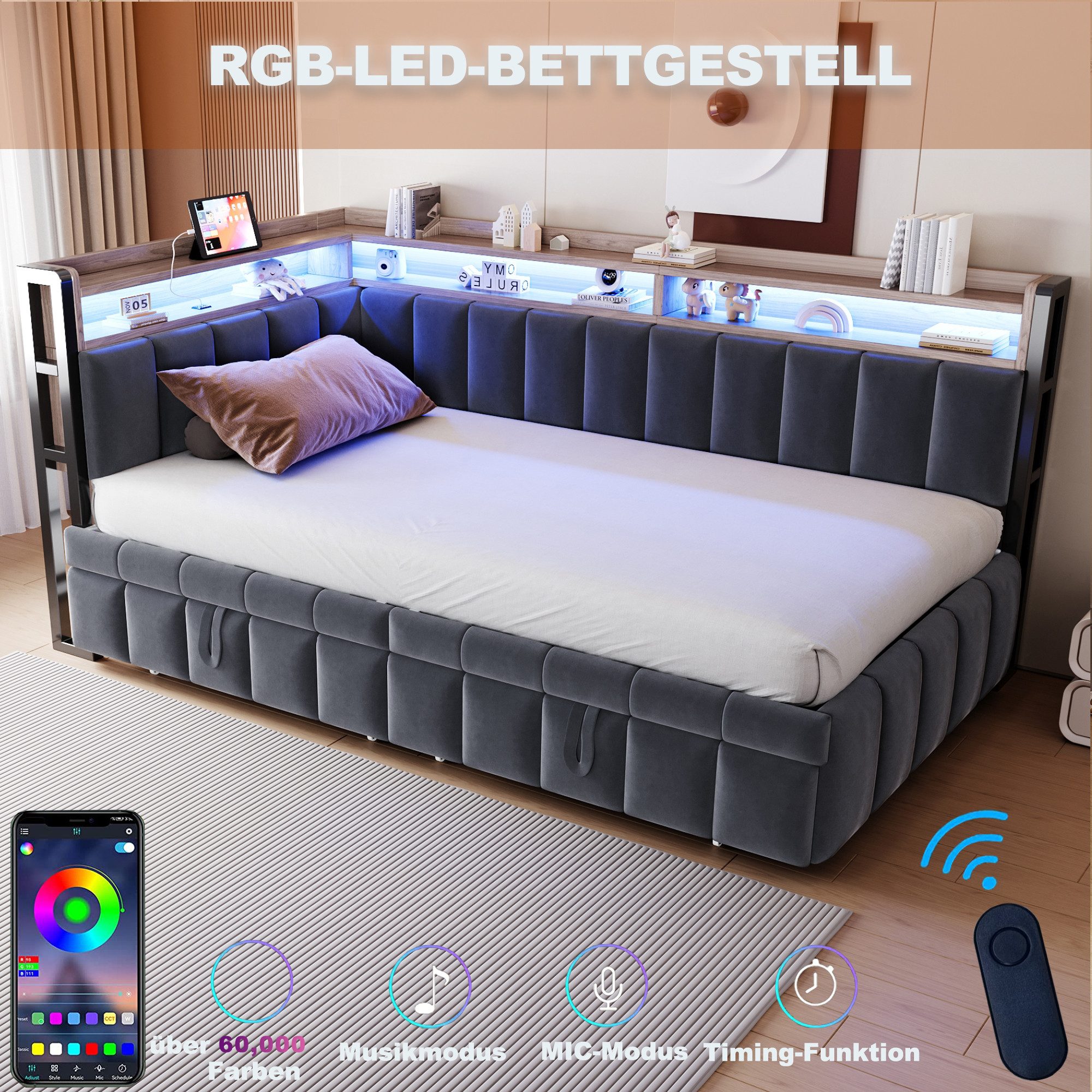 Merax Daybett 90x200cm Schlafsofa mit LED-Beleuchtung & USB-Anschluss (Sofabett Jugendbett Kinderbett, 1 tlg), Polsterbett Samtstoff Tagesbett mit Ausziehbett S – Bild 4 von 5