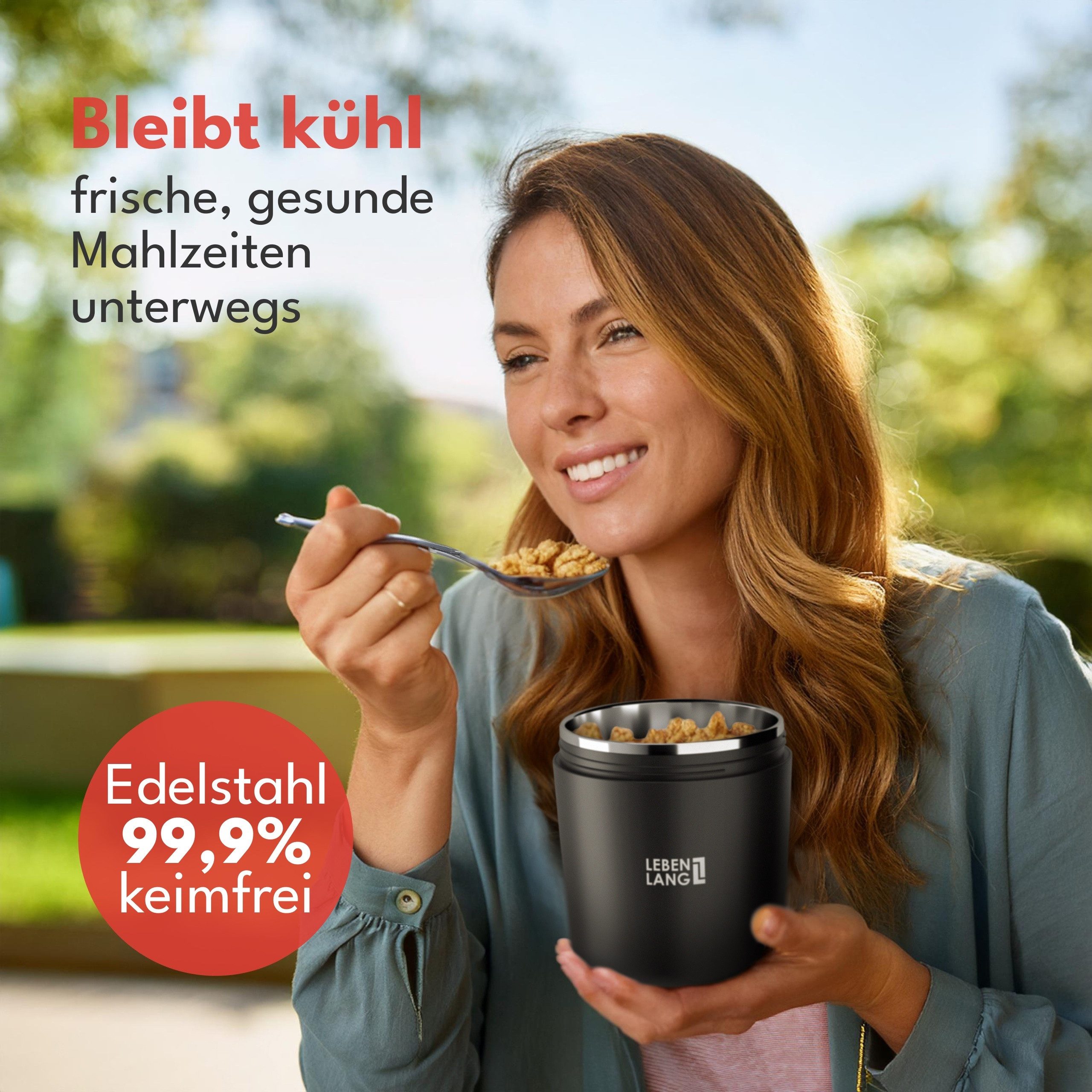 Lebenlang Aufbewahrungsbecher Müslibecher, Isolierende Edelstahlinnenwand, ToGo mit Löffel & 650ml, Edelstahl/Kunststoff, (500ml Becher, 150ml Aufsatz, Drehvershluss, faltbarer Löffel), Auslaufsicher & Perfekt für Schule, Kita, Büro oder Uni