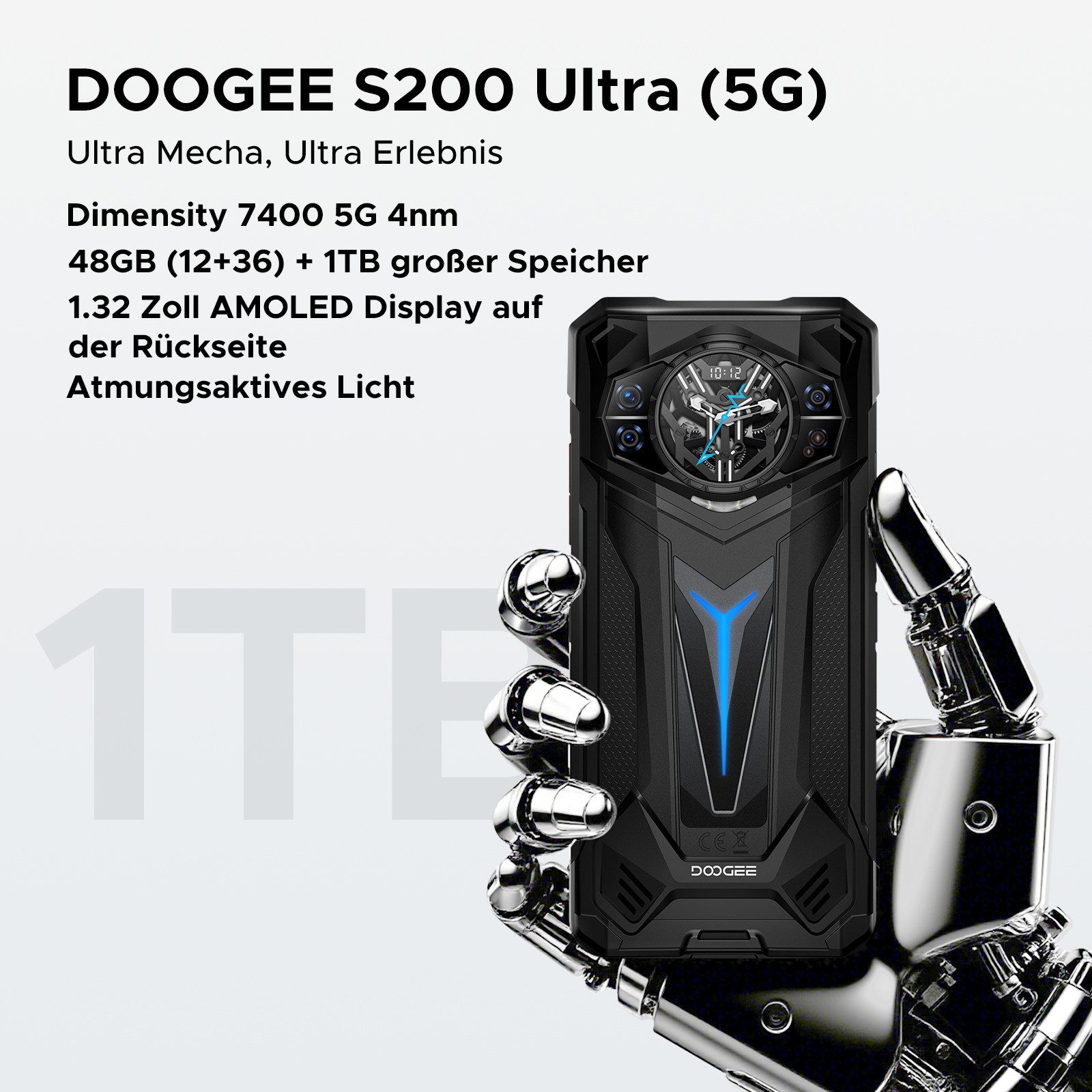 DOOGEE S200ULTRA 5G Outdoor Handy Ohne Vertrag 12GB+1TB 6.72” 120Hz Android15 Smartphone (6.72 Zoll, 1024 GB Speicherplatz, 100 MP MP Kamera, 100 MP +20 MP/ 66W Schnellladen/ Rückseitiges Display Amoled/NFC/WLAN)