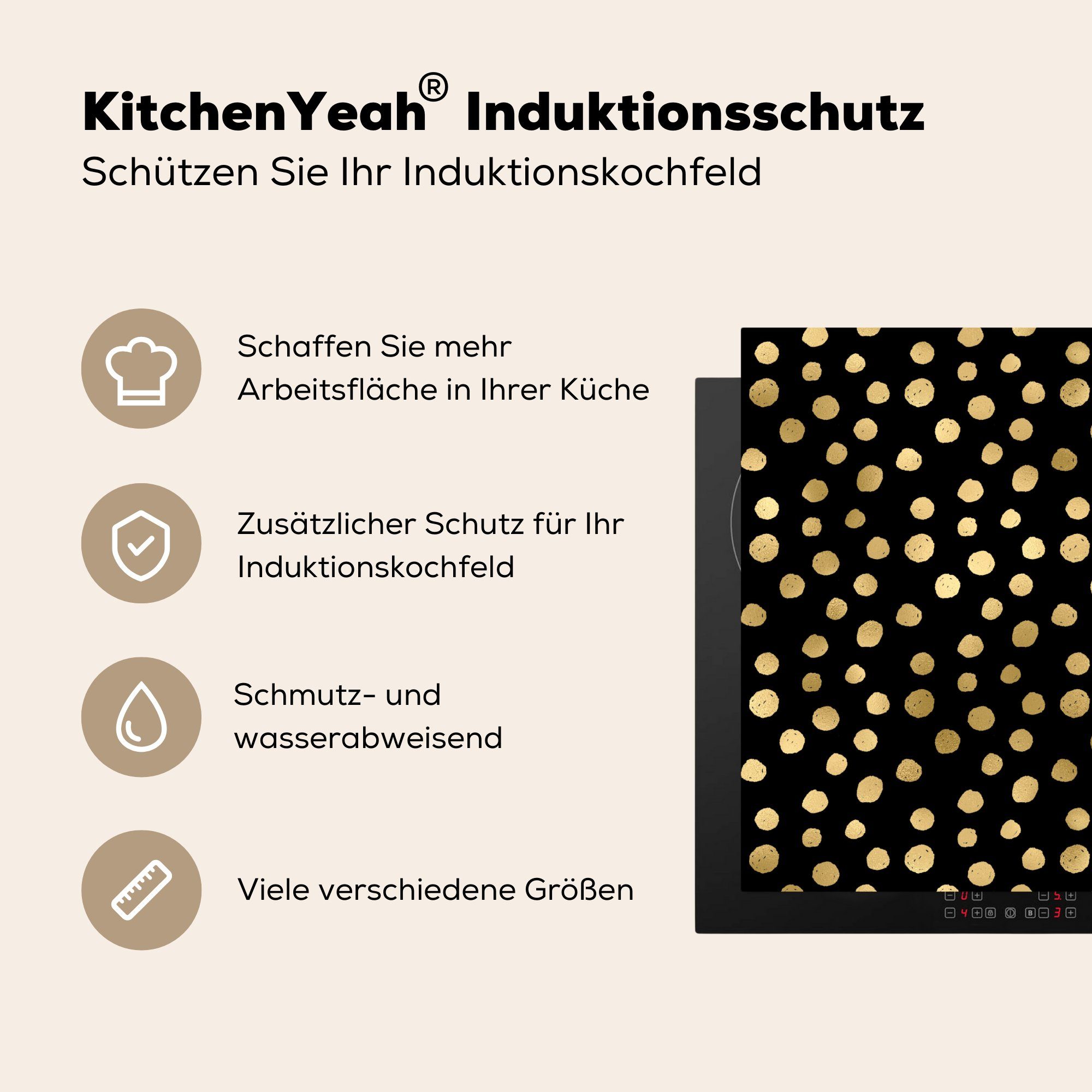 Vinyl, Arbeitsplatte cm, (1 MuchoWow Ceranfeldabdeckung, Gold, Punkte 78x78 für - tlg), - küche Herdblende-/Abdeckplatte Muster