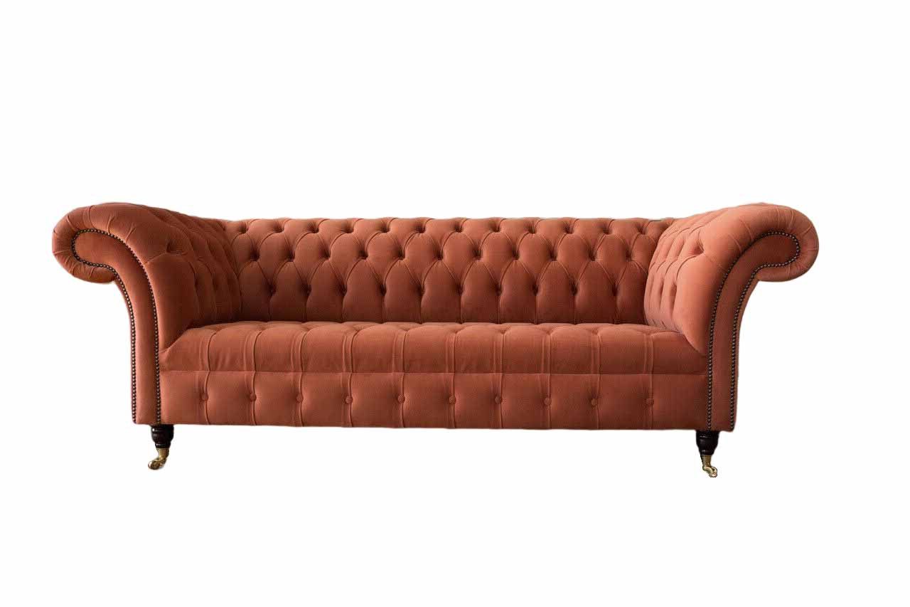 JVmoebel Chesterfield-Sofa Elegantes Sofa in Orange mit goldenen Edelstahlfüßen aus Stoff, Packung, Made in Europa
