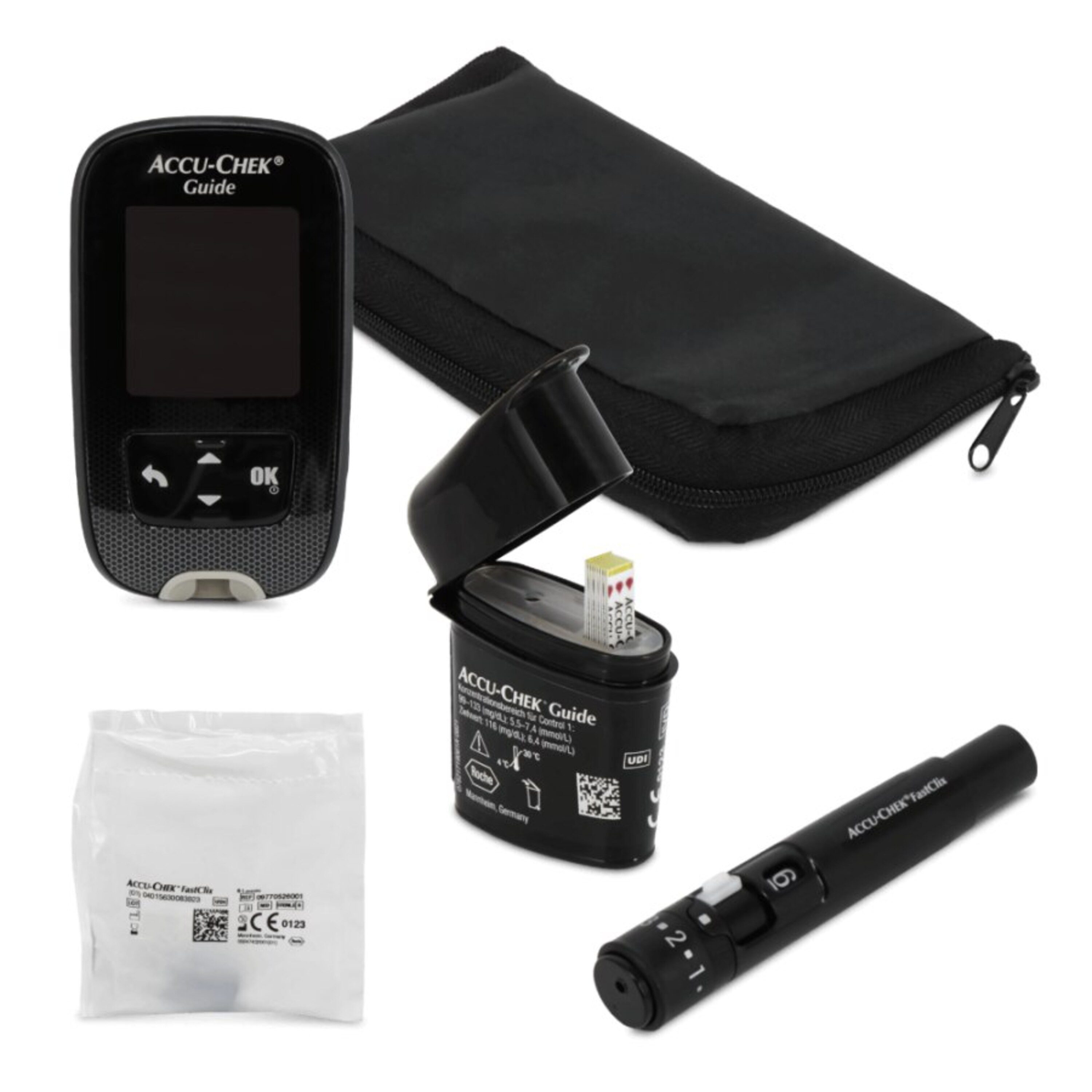 Roche Blutzuckermessgerät Accu-Chek Guide mmol oder mgdl, Starterset, Diabetesüberwachung, mit Bluetooth und App, Großes beleuchtetes Display, Integrierter Auswurfknopf