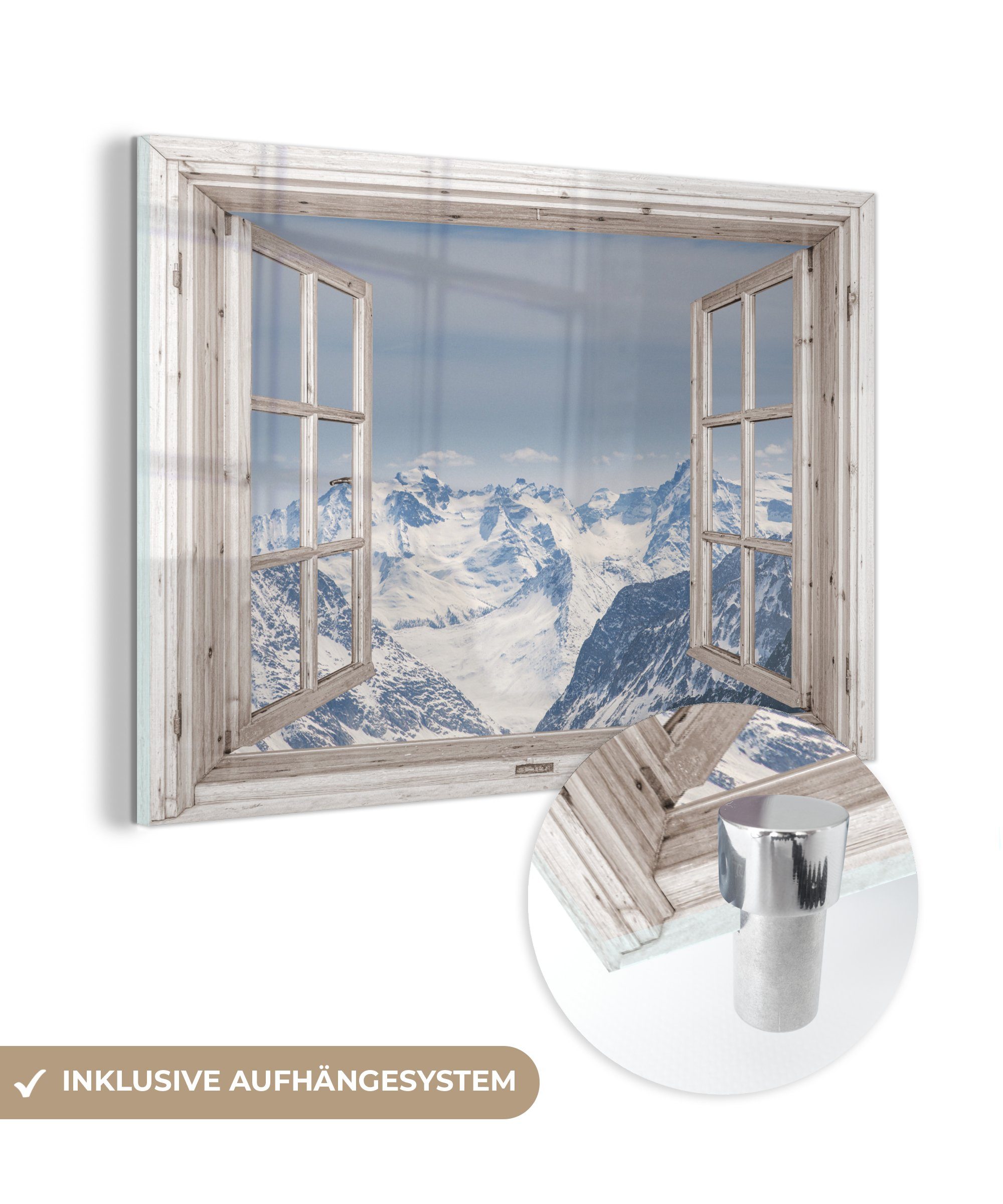 Bilder Schnee, MuchoWow - Berg Wanddekoration (1 Glasbilder - - Glas auf Foto Wandbild Acrylglasbild - - St), Glas Aussicht auf