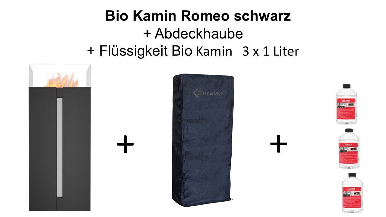 Kratki Echtfeuer-Dekokamin Bioethanol Kamin Freistehend ROMEO- SET schwarz TÜV