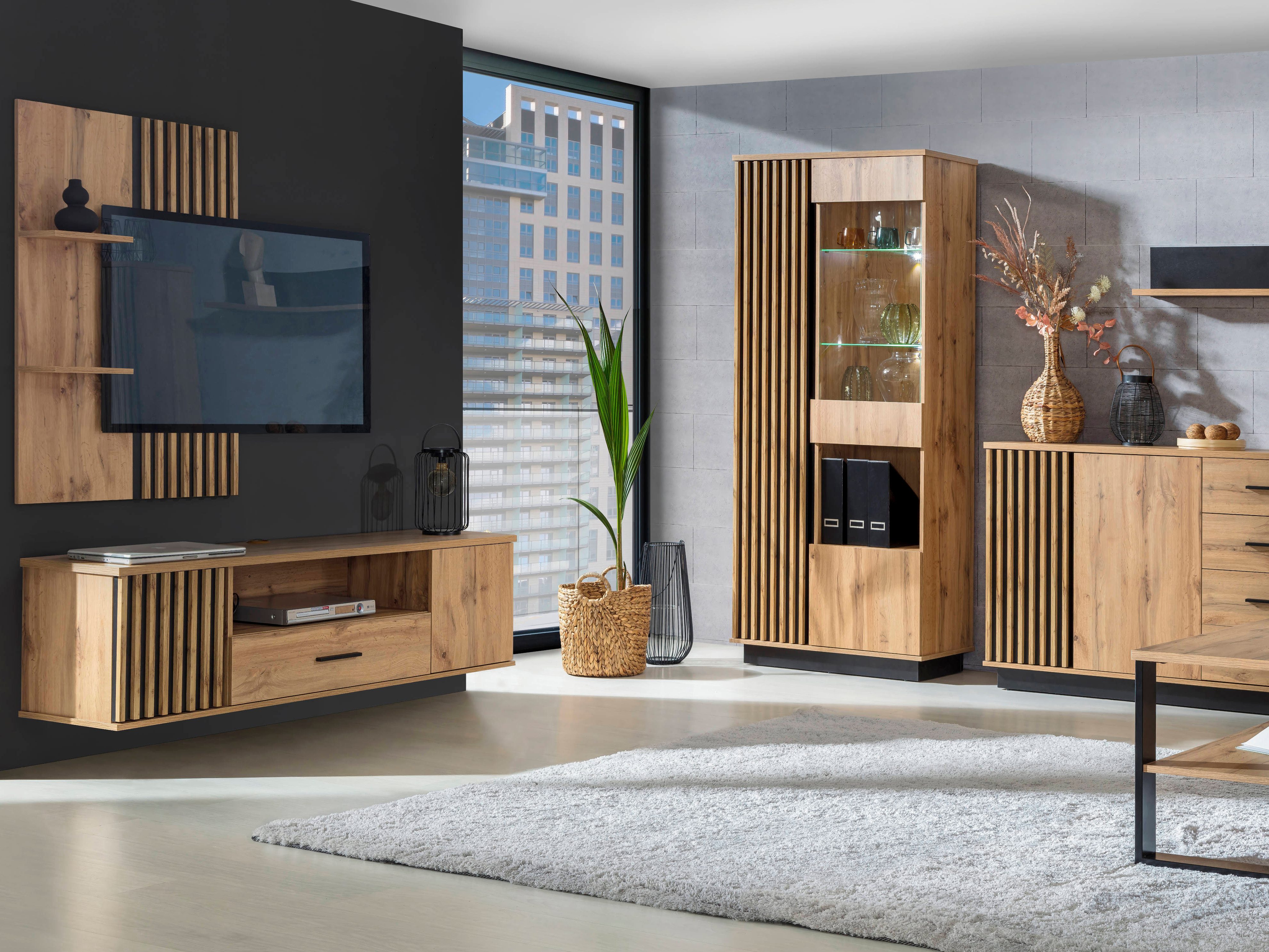 Beautysofa Vitrine mit Lamellen LAMELO mit Holzlamellen – Glastür & Einlegeböden, ohne LED – Bild 2 von 5