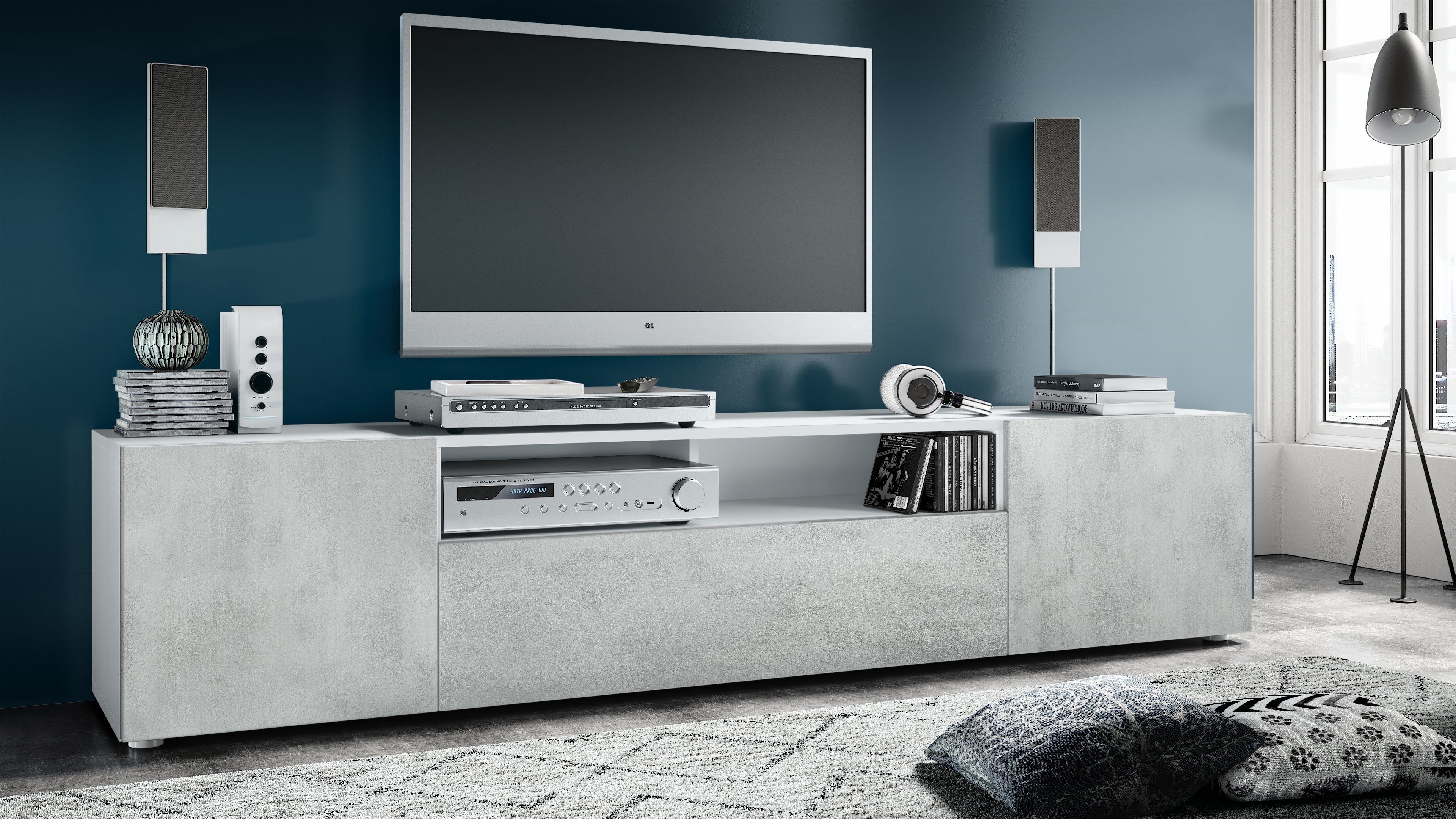 Vladon Lowboard Mogan (TV-Kommode, mit 2 Türen, 1 Klappe und 1 offenes Fach), Weiß matt/Beton Oxid-Optik (181 x 39 x 35 cm)