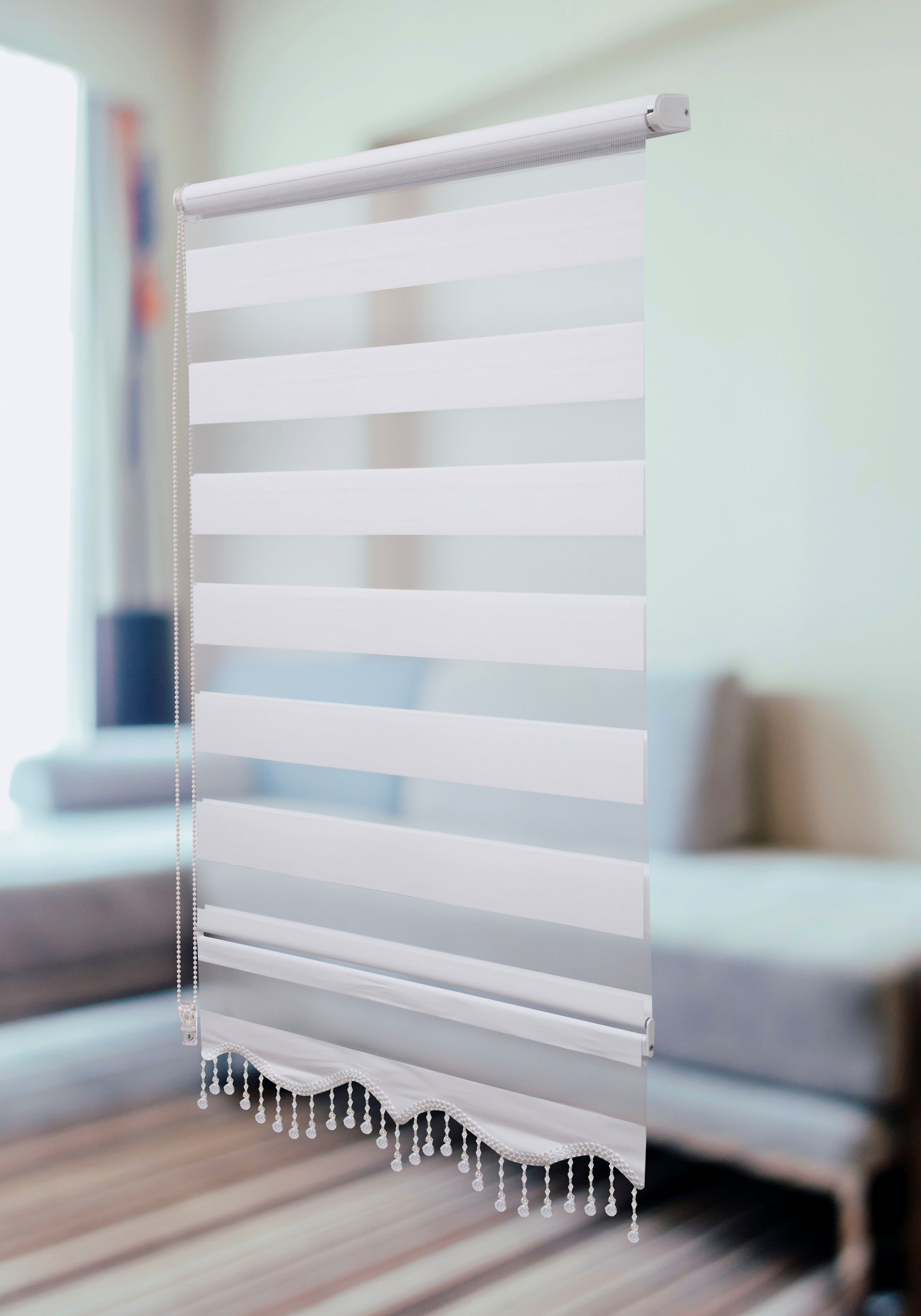 Doppelrollo Klemmfix Doppelrollo mit Perlen Volant in versch. Farben, Plisseeonline, blickdicht, Klemmträger Montage auf dem Fensterrahmen, Freihängend, Klemmfix, Mit Perlen, Aluminium Schiene, Weiß, Grau, Beige, Braun, Anthrazit