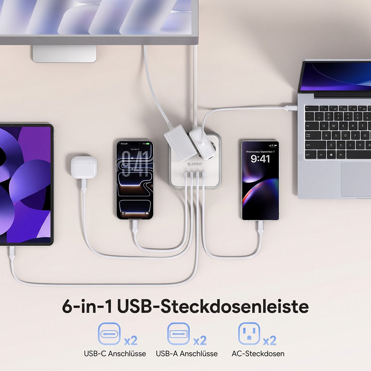 ORICO Steckdose 6-in-1 Mehrfachsteckdose mit USB-C PD 20W, 3 m Kabel, 1-St., 2 Steckdosen & 4 USB (2× USB-C), Kompakt-Powercube für Büro & Zuhause