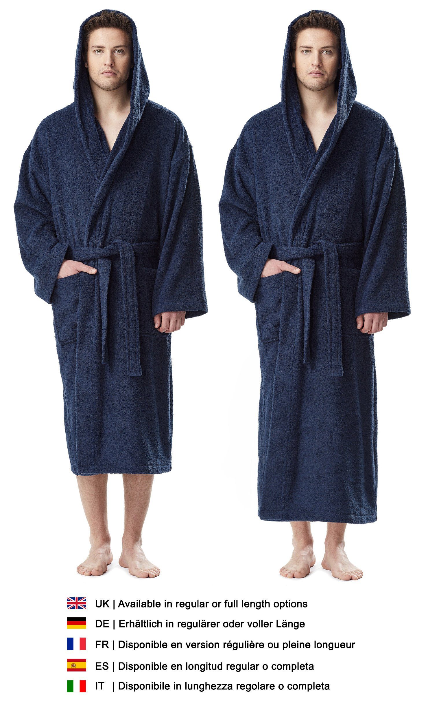 Arus Herrenbademantel Astrom aus Baumwoll-Frottee, Reisebademantel, Saunamantel, Langform, 100% Baumwolle, Kapuze, Gürtel, mit Kapuze, wadenlang oder extra lang, 100% Baumwolle