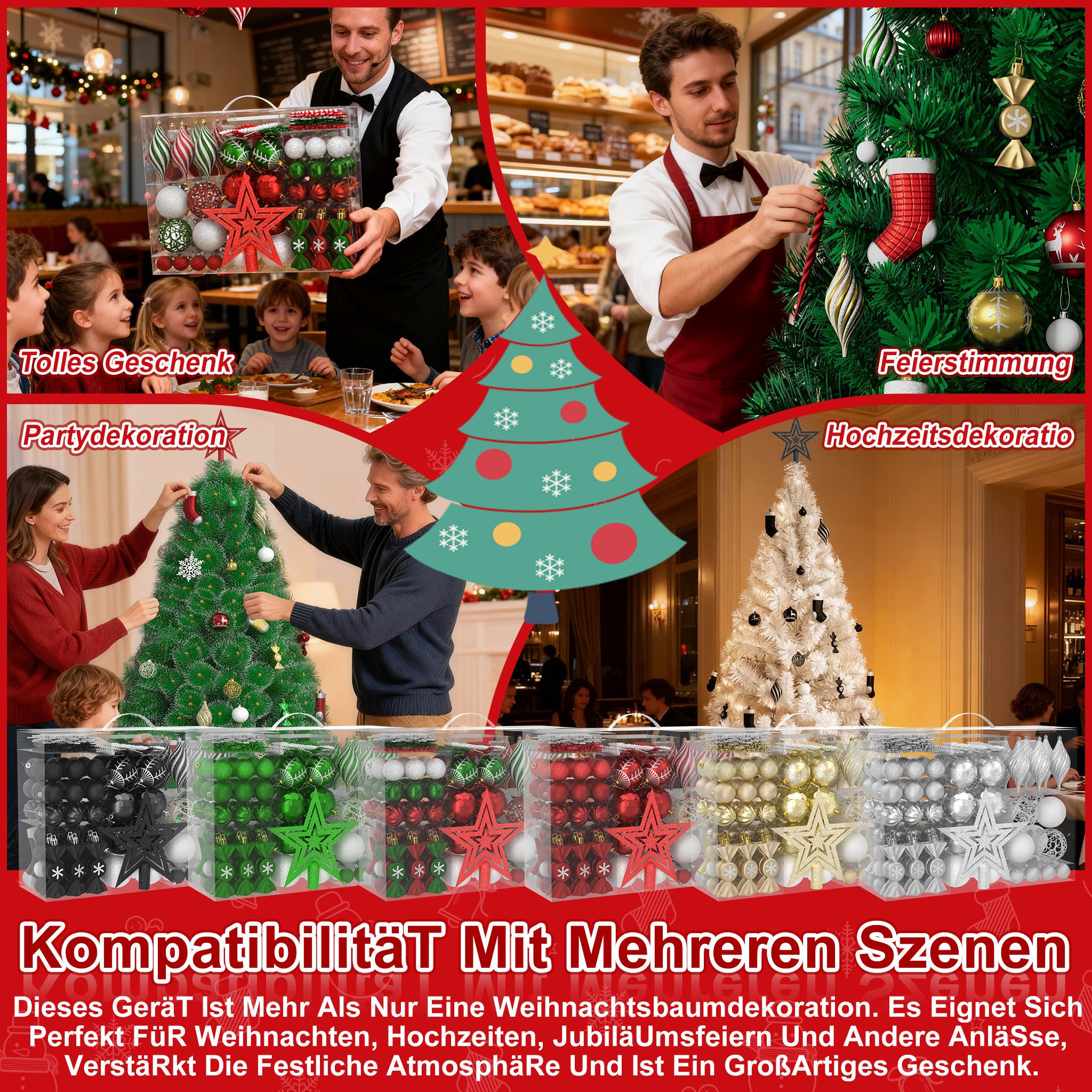 FIVMEN Weihnachtsbaumkugel Weihnachtskugeln Kunststoff 138 Stück mit Stern Spitze, Mehrere Farboptionen Christbaumschmuck