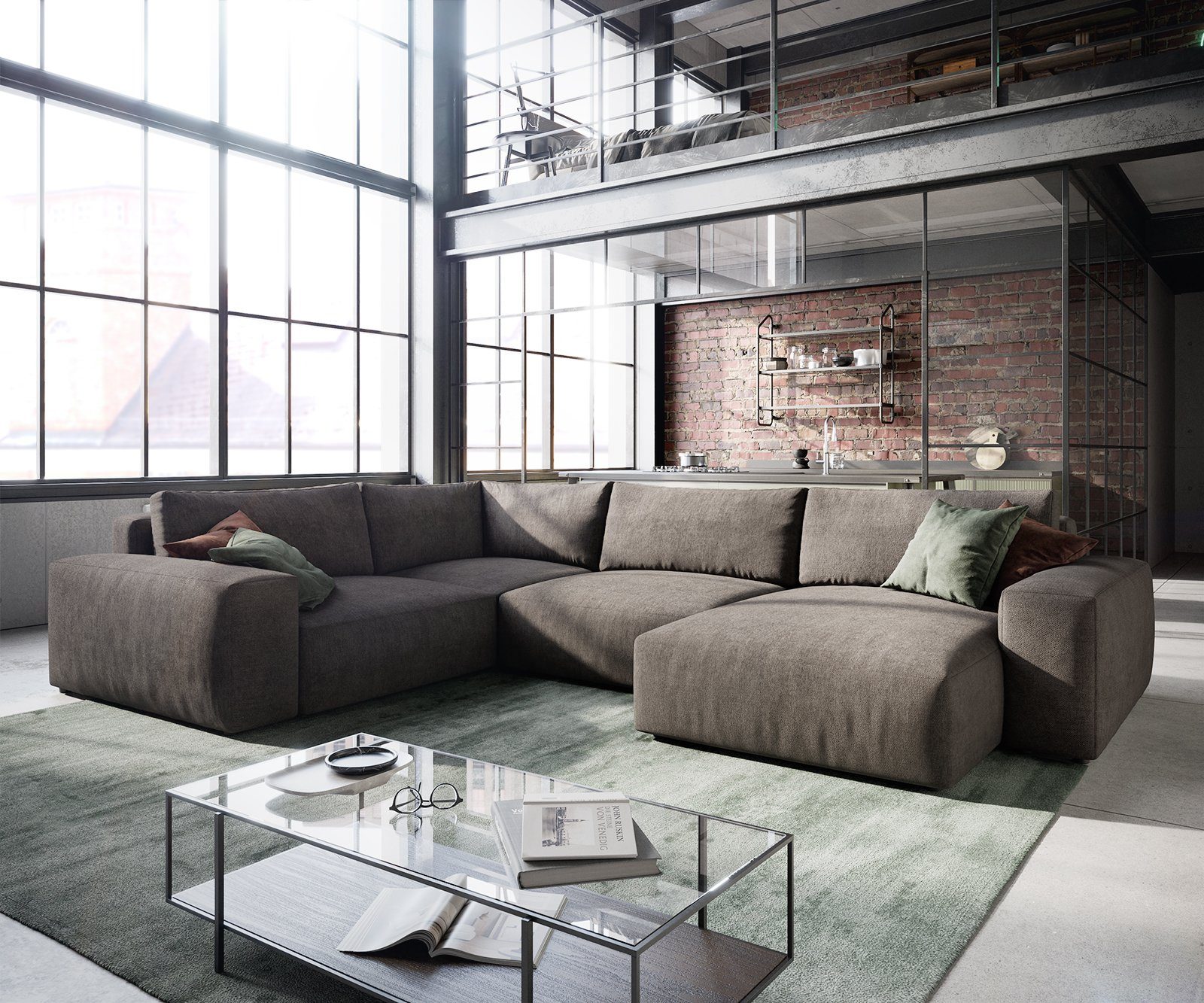 DELIFE Wohnlandschaft Lanzo, XL Mikrofaser Khakibraun 360x260 cm Recamiere variabel