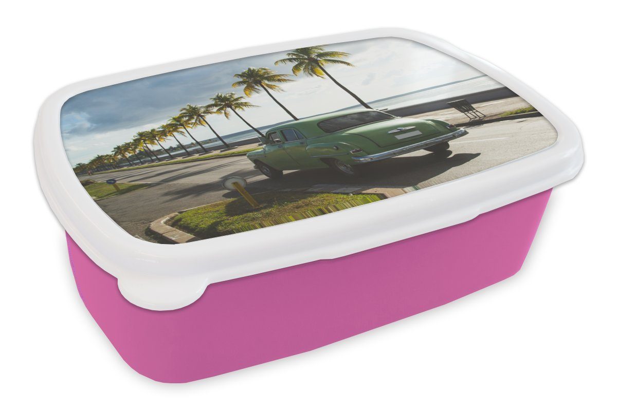 MuchoWow Lunchbox Auto Kuba - Palme, Kunststoff, (2-tlg), Brotbox für Erwachsene, Brotdose Kinder, Snackbox, Mädchen, Kunststoff rosa