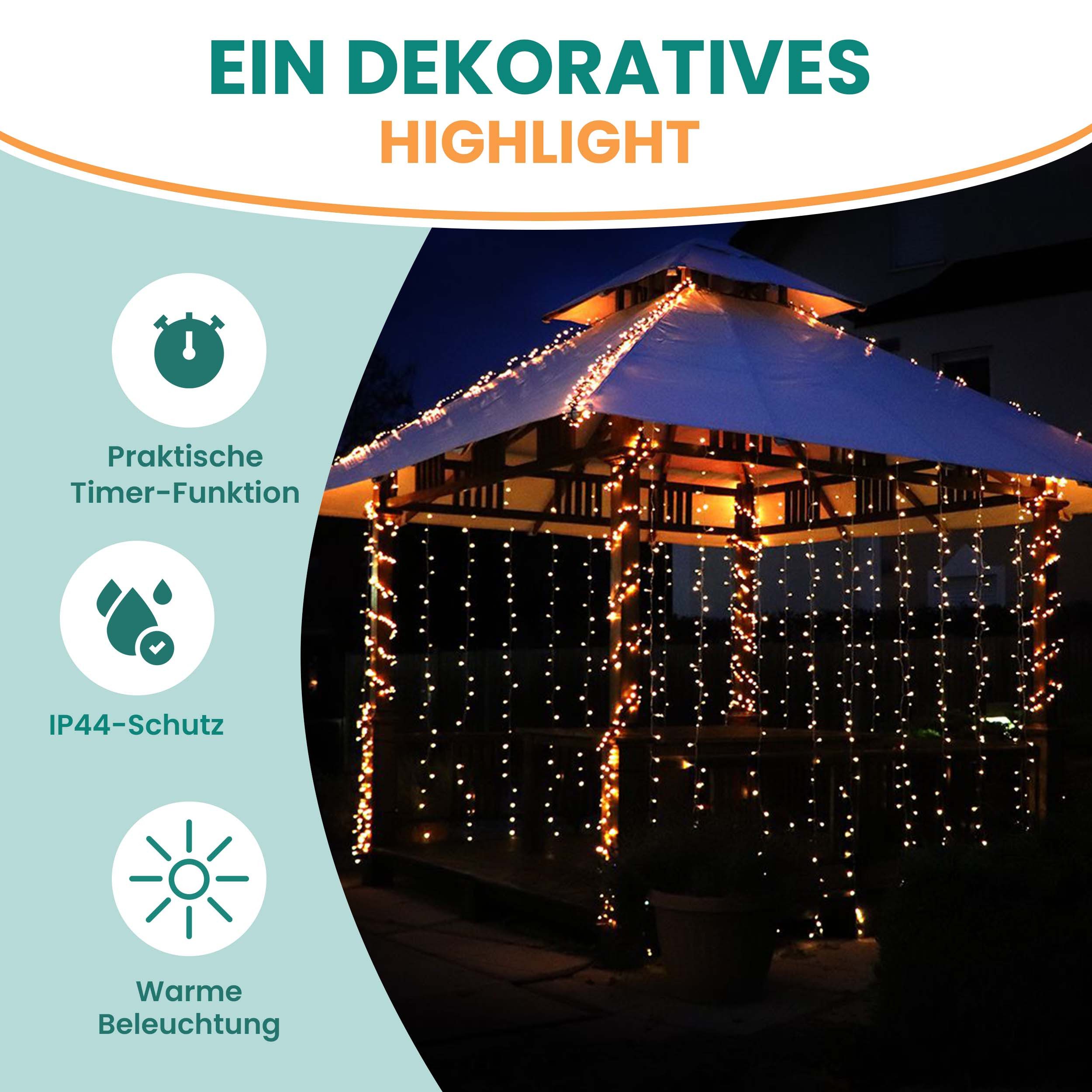Gartenpirat LED-Lichtervorhang 3x3 m 300 LED warmweiß LED-Beleuchtung Weihnachtsdeko außen mit Timer
