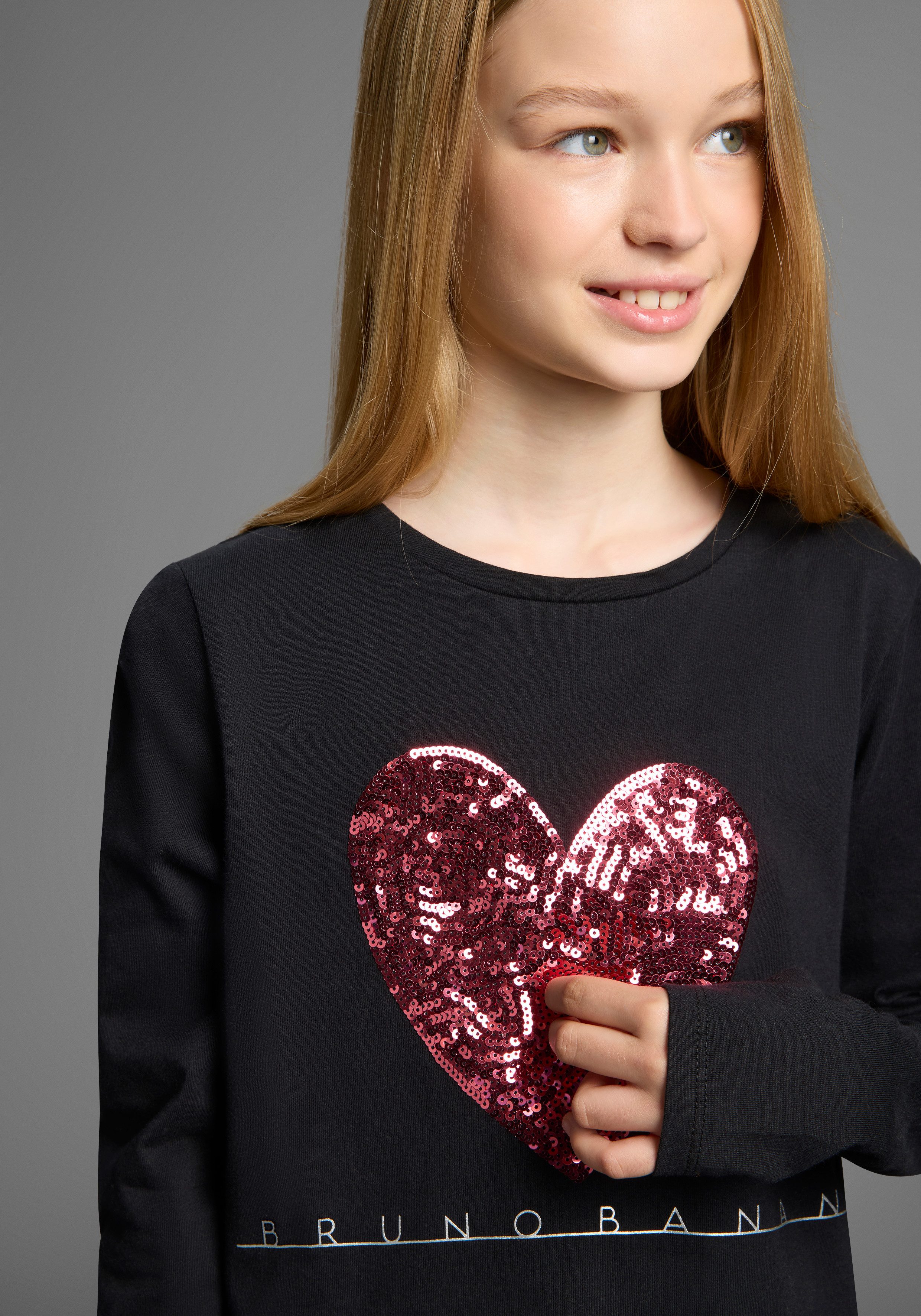 Bruno Banani Langarmshirt WENDE-Pailletten - Glitzerherz Für TEENS. Cooles Paillettenshirt