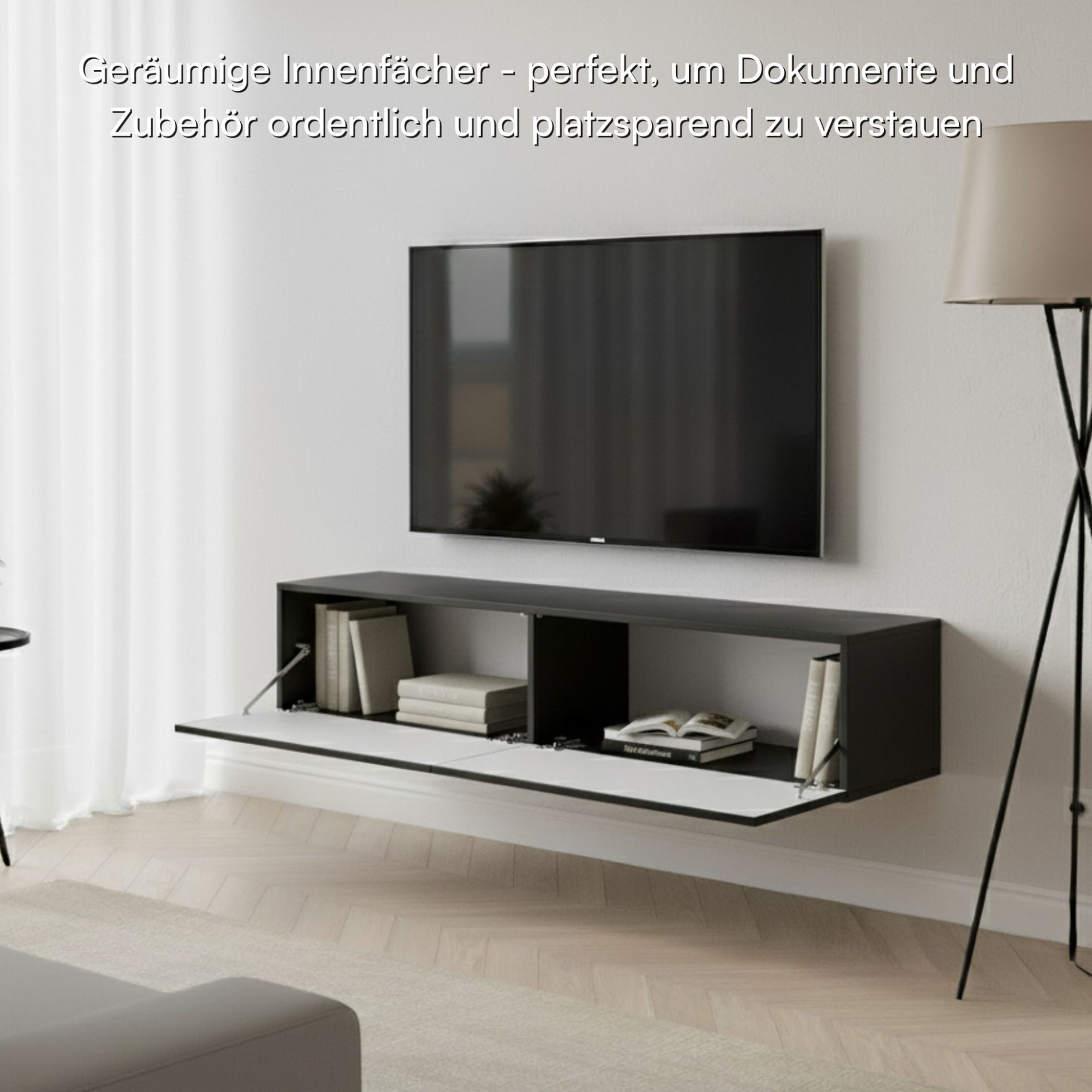 Selsey TV-Schrank VELDIO Kompaktes Hängeboard geriffelt, Push-to-Open, 140x30 cm, Matt – Bild 4 von 5