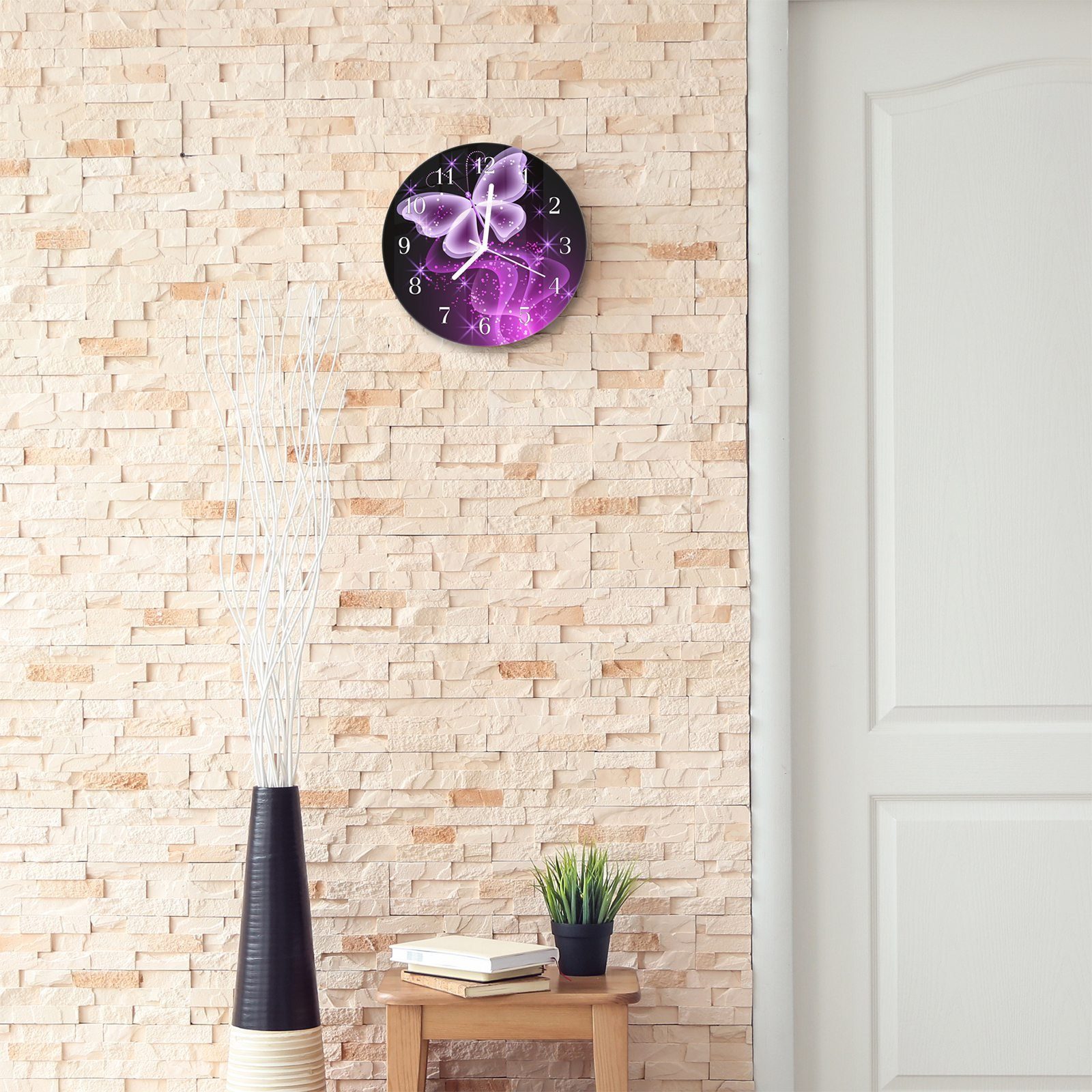 Primedeco Wanduhr Wanduhr aus Glas und Schmetterling cm Motiv - Rund mit Durchmesser mit 30 Digitaler Quarzuhrwerk
