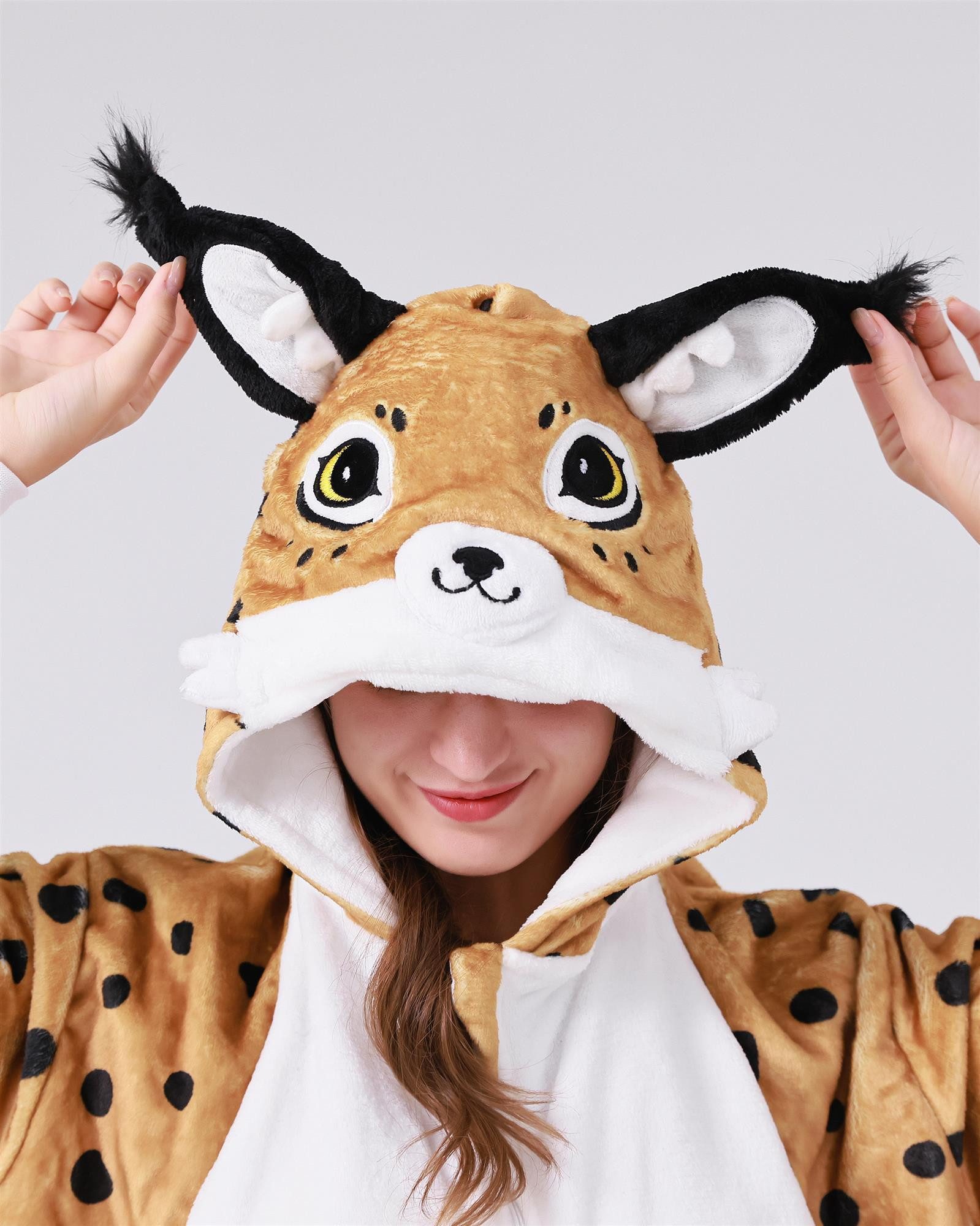 Corimori Partyanzug Flauschiges Luchs-Kostüm für Erwachsene, Karneval Kostüm Onesie für, Jumpsuit, Pyjama, Fasching, Kigurumi, Tierkostüme, Luchs Silas
