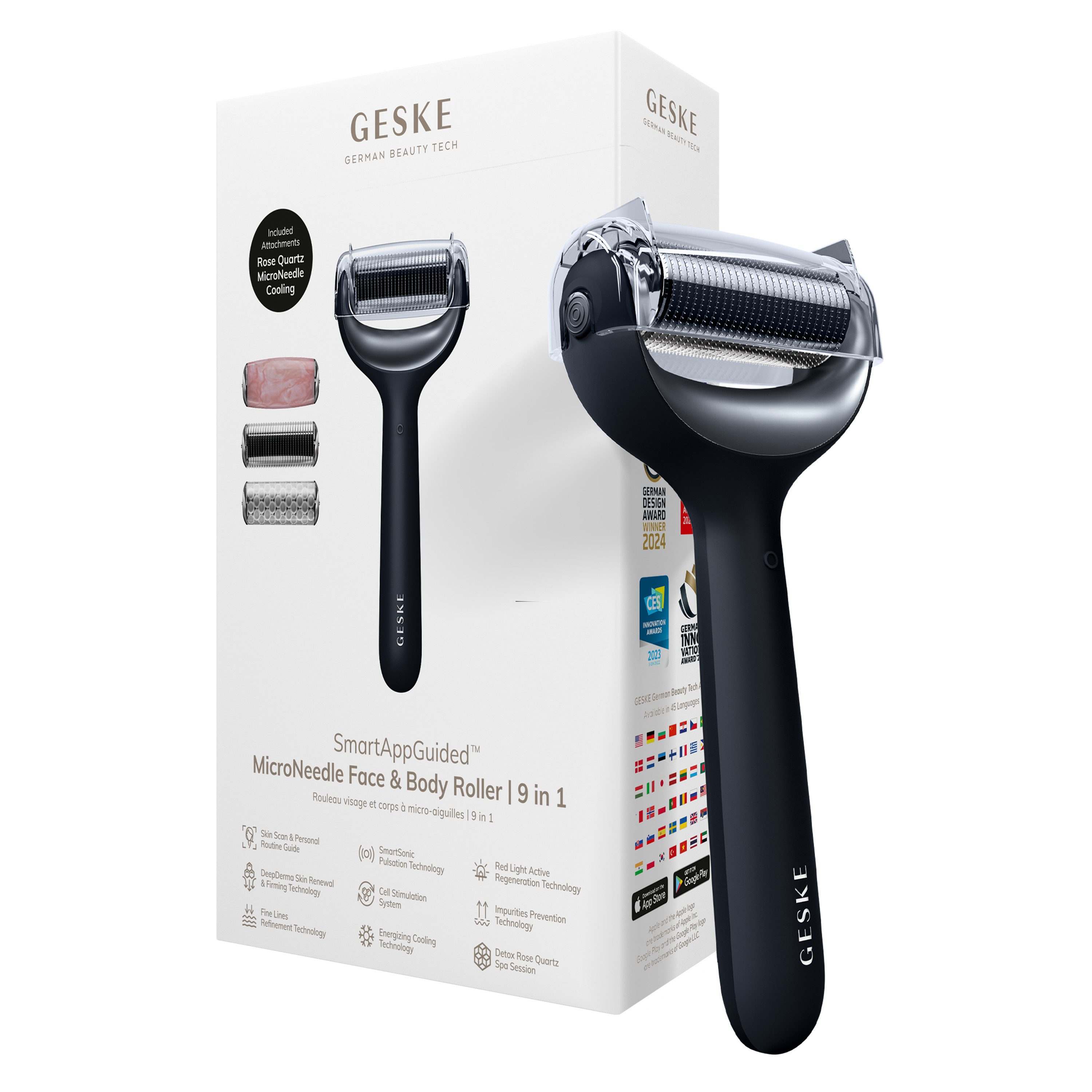 GESKE German Beauty Tech Micro-Needling SmartAppGuided™ MicroNeedle Face & Body Roller 9 in 1, Packung (Gerät & USB-Ladekabel), 5-tlg., Gerät inkl. kostenloser APP (SmartAppGuided Device), Mit der GESKE App erhältst Du deine personalisierte Hautpflegeroutine.