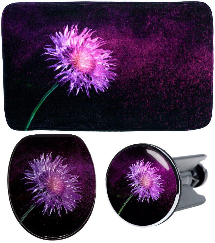 Sanilo Badaccessoire-Set 3-teilig Purple Dust, WC-Sitz mit Absenkautomatik, Badteppich 70 x 110 cm, Waschbeckenstöpsel, 3 tlg., hochwertig & modern, universell, leichte Montage