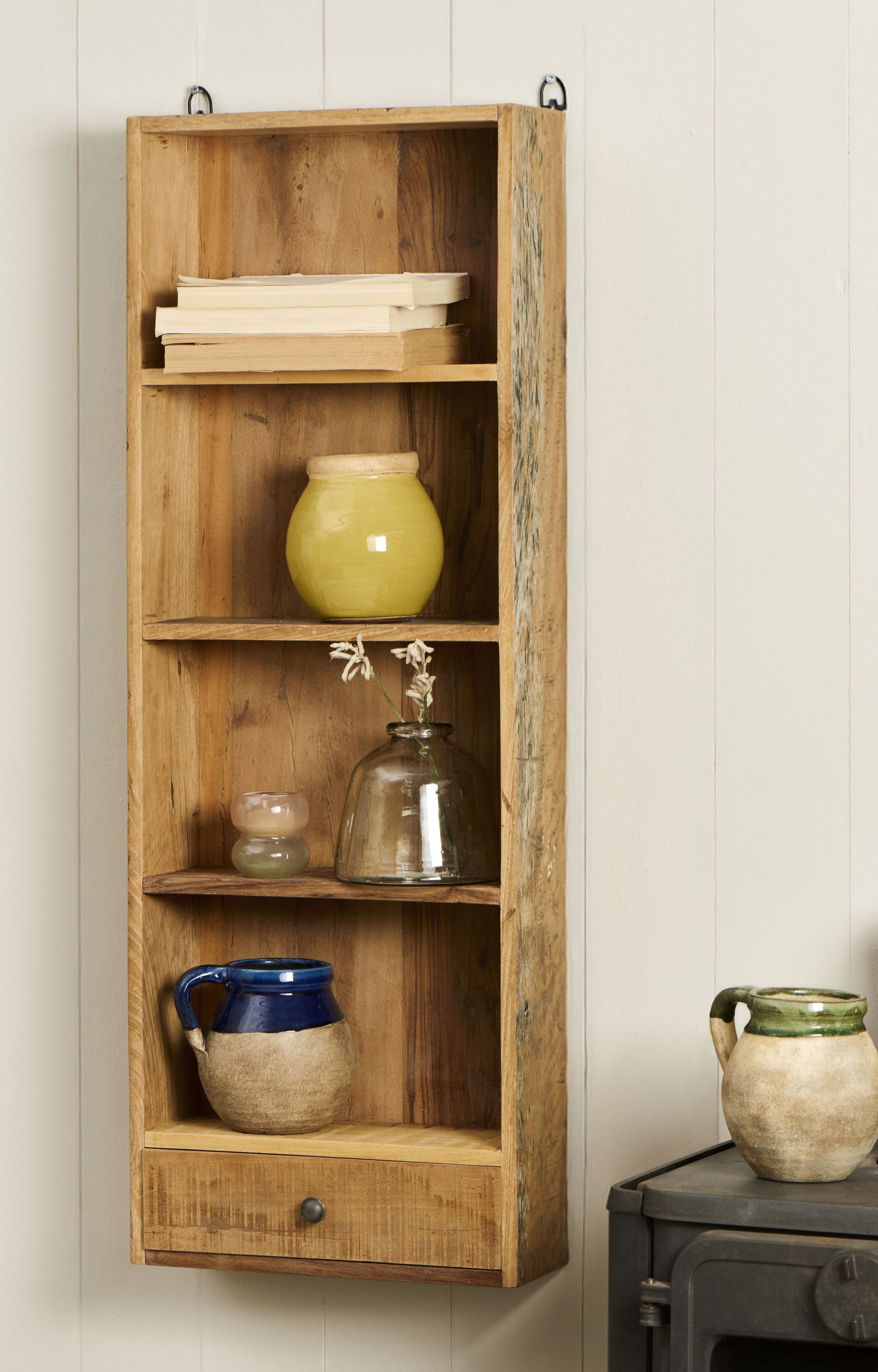 Ib Laursen Wandregal Ib Laursen - Wandregal Regal 4 Fächer 1 Schublade Holz Unika 33x93cm