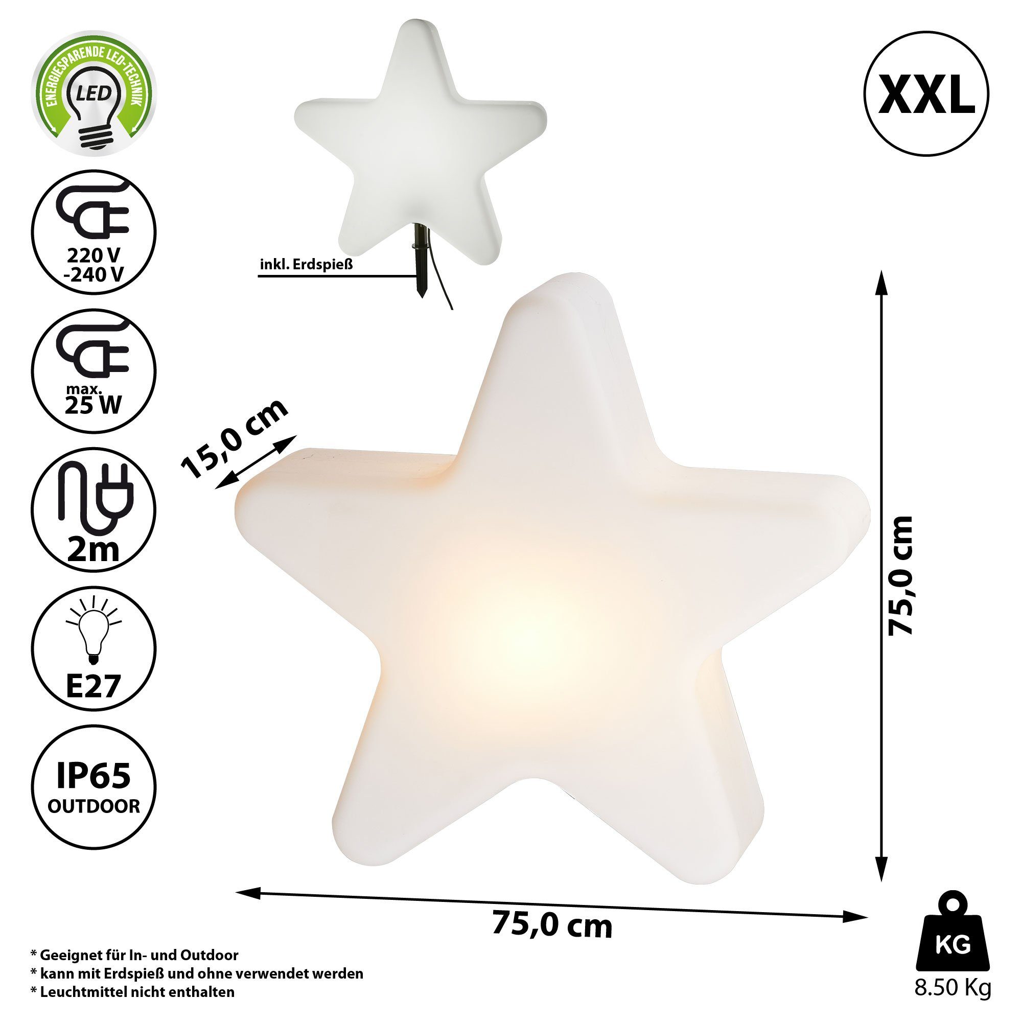 CEPEWA LED Dekolicht Sternlampe XXL Outdoor mit Steckfuß 75cm Stern Leuchte Erdspieß – Bild 2 von 5