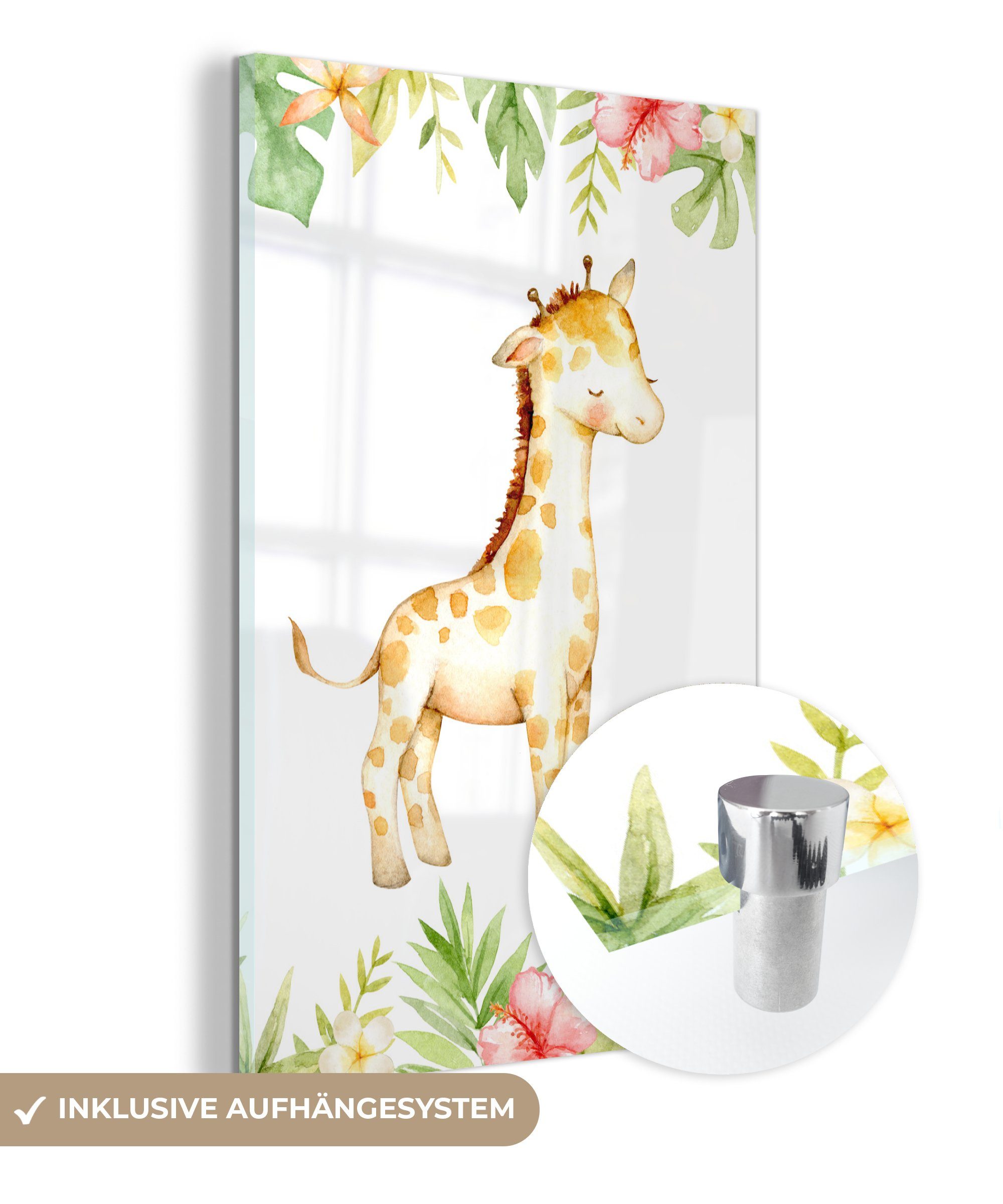 MuchoWow Acrylglasbild Giraffe - Dschungel - Aquarell, (1 St), Glasbilder - Bilder auf Glas Wandbild - Foto auf Glas - Wanddekoration