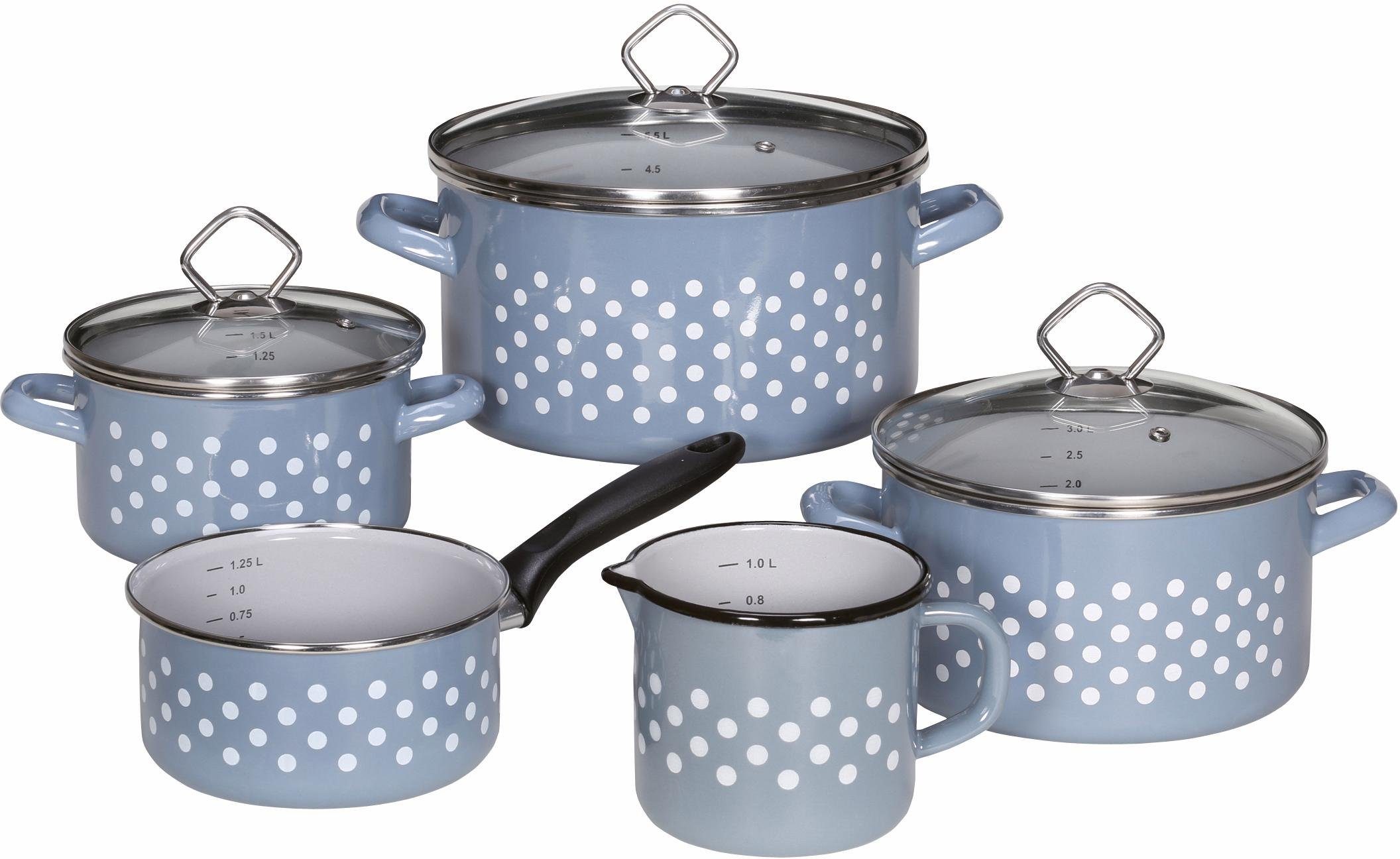 Krüger Topf-Set Emaille Topf-Set Rügen, 8 tlg., Emaille (Set, 8-tlg., Fleischtopf 16/20/24 cm mit Deckel, Stieltopf 16 cm, Milchtopf 12 cm), für Induktions-Kochfelder geeignet