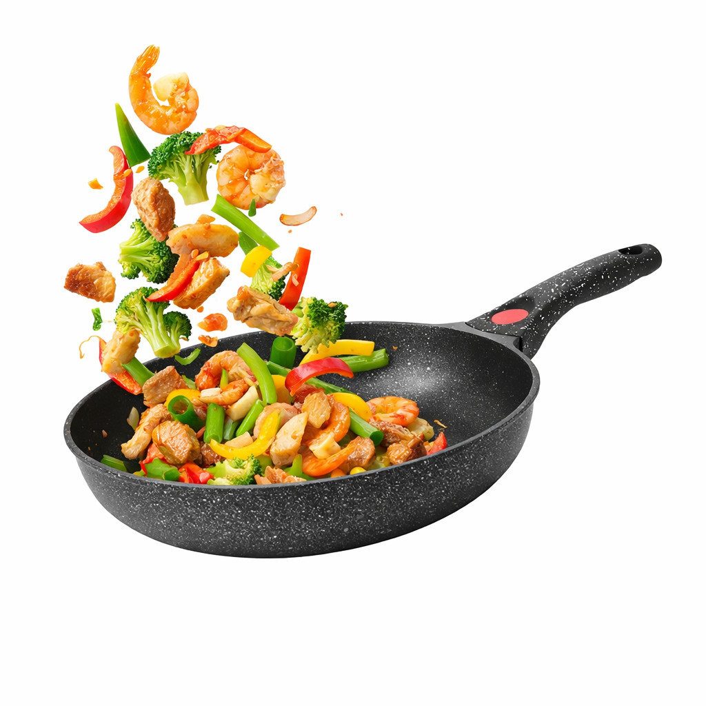 PFCTART Bratpfanne Bratpfanne Ø28 cm aus Aluminium – Mit abnehmbarem Griff, Aluminium (Set, 1-tlg., Ideal als Wok-Pfanne – Für alle Herdarten inkl. Gas), Kratzfeste Granitbeschichtung – Auch für Induktion geeignet