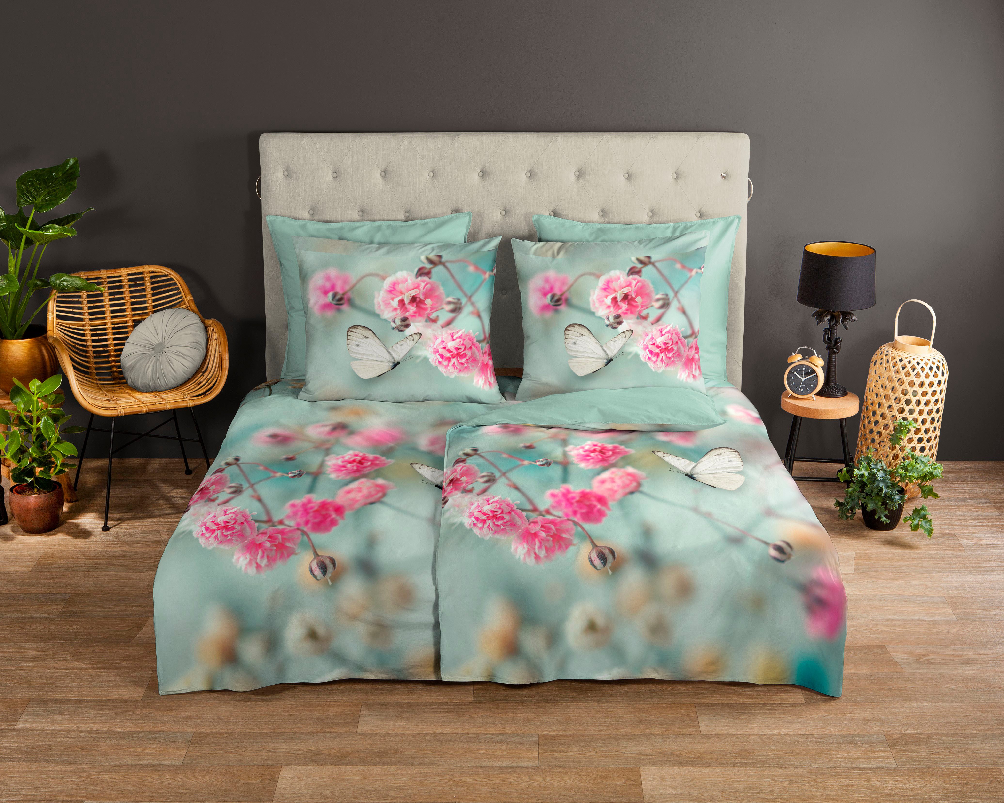 good morning Wendebettwäsche Adel, Renforcé, 2 teilig, 100% Baumwolle, 135x200, Reißverschluss, Wendeoptik, Blumen, Minz Grün