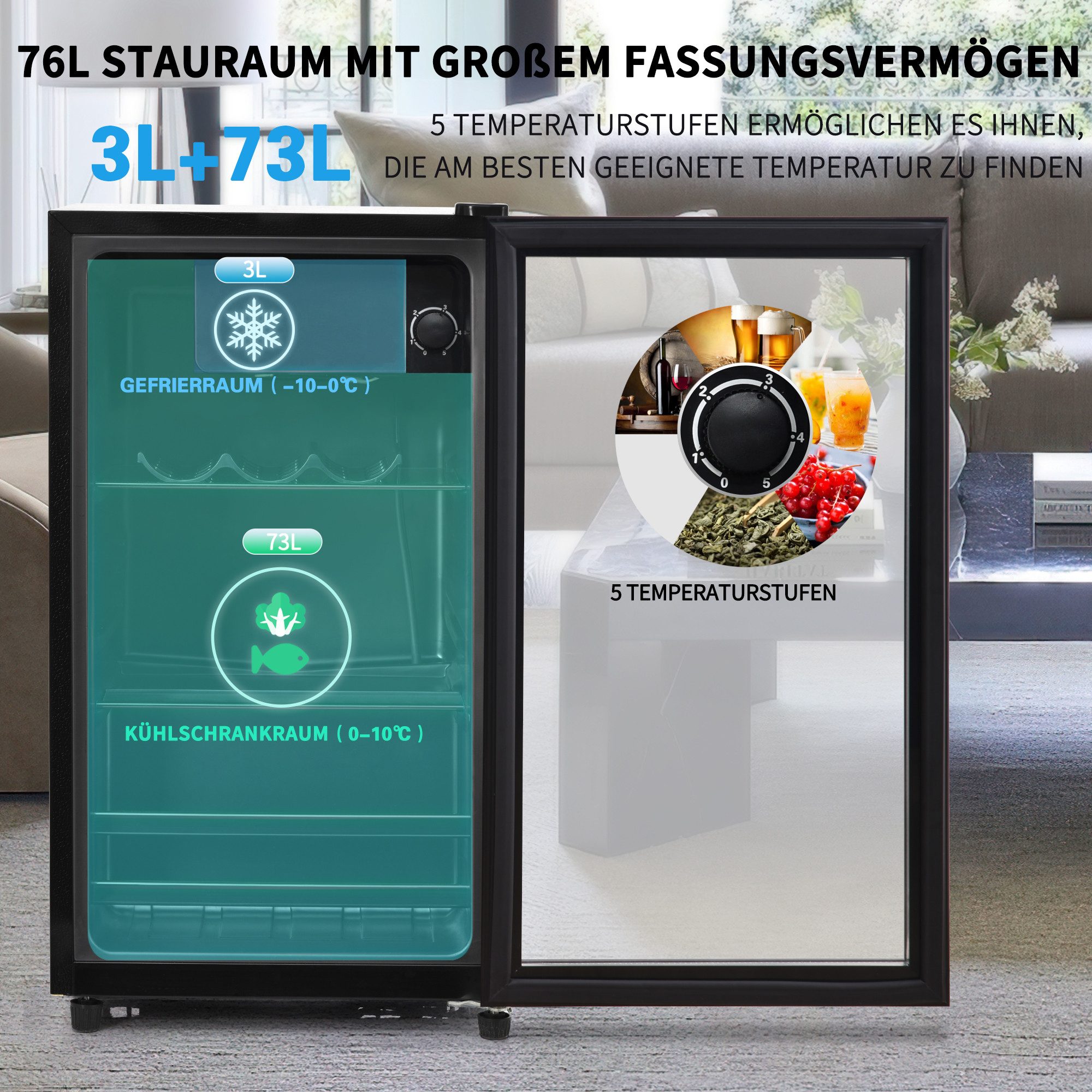 Merax Kühlschrank 76L mit Gefrierfach, Glastür, verstellebare Ablage, Getränkekühlschrank SC-76A, 71.6 cm hoch, 40 cm breit, Mini Kühlschrank, Kühl- und Gefrierfunktion, freistehend