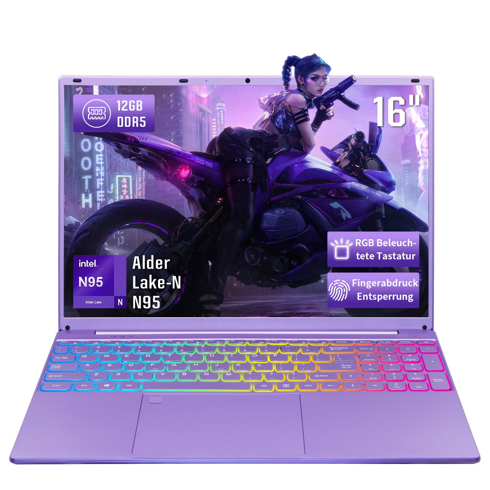 LONGEVINCE 16 Zoll Laptop – 12 GB RAM, 238 GB SSD, N95, farbbeleuchtete Tastatur Notebook (40,64 cm/16 Zoll, Intel Intel Alder Lake-N N95, 12 GB, 238 GB SSD)